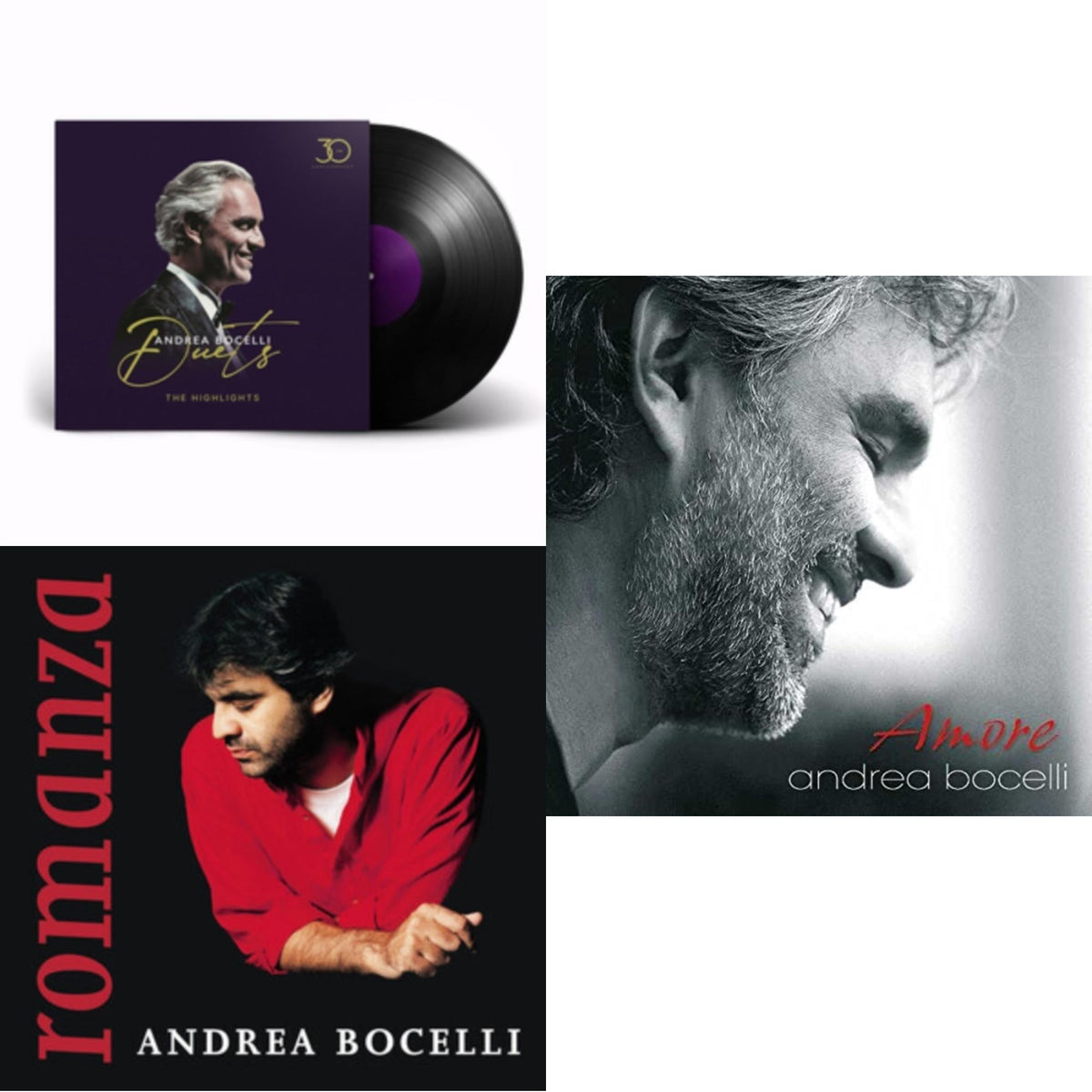 Andrea Bocelli - Duets (30Th Anniversary) & Romanza & Amore - LP Vinyl Bundle