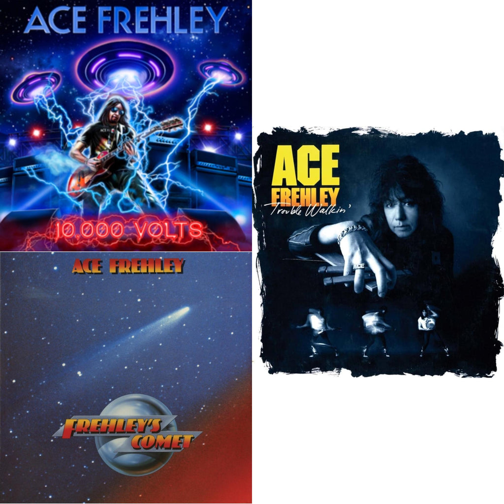 Ace Frehley - 10,000 Volts (Dragons Den LP Vinyl) & Frehley's Comet (Red & Blue Hand Poured Effect LP Vinyl) & Trouble Walkin (Oxblood Red Hide Your Heart Swirl LP Vinyl)