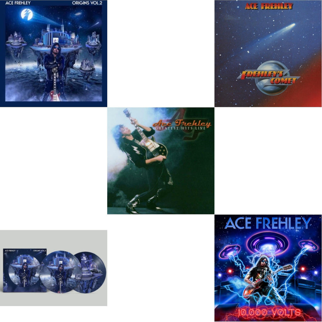 Ace Frehley - Greatest Hits Live & 10,000 Volts (Orange Tabby LP Vinyl) & Origins Vol.2 (Blue & White LP Vinyl) & Origins: Vol. 2 (Picture Disc) & Frehley's Comet (Red & Blue Hand Poured Effect LP Vinyl)