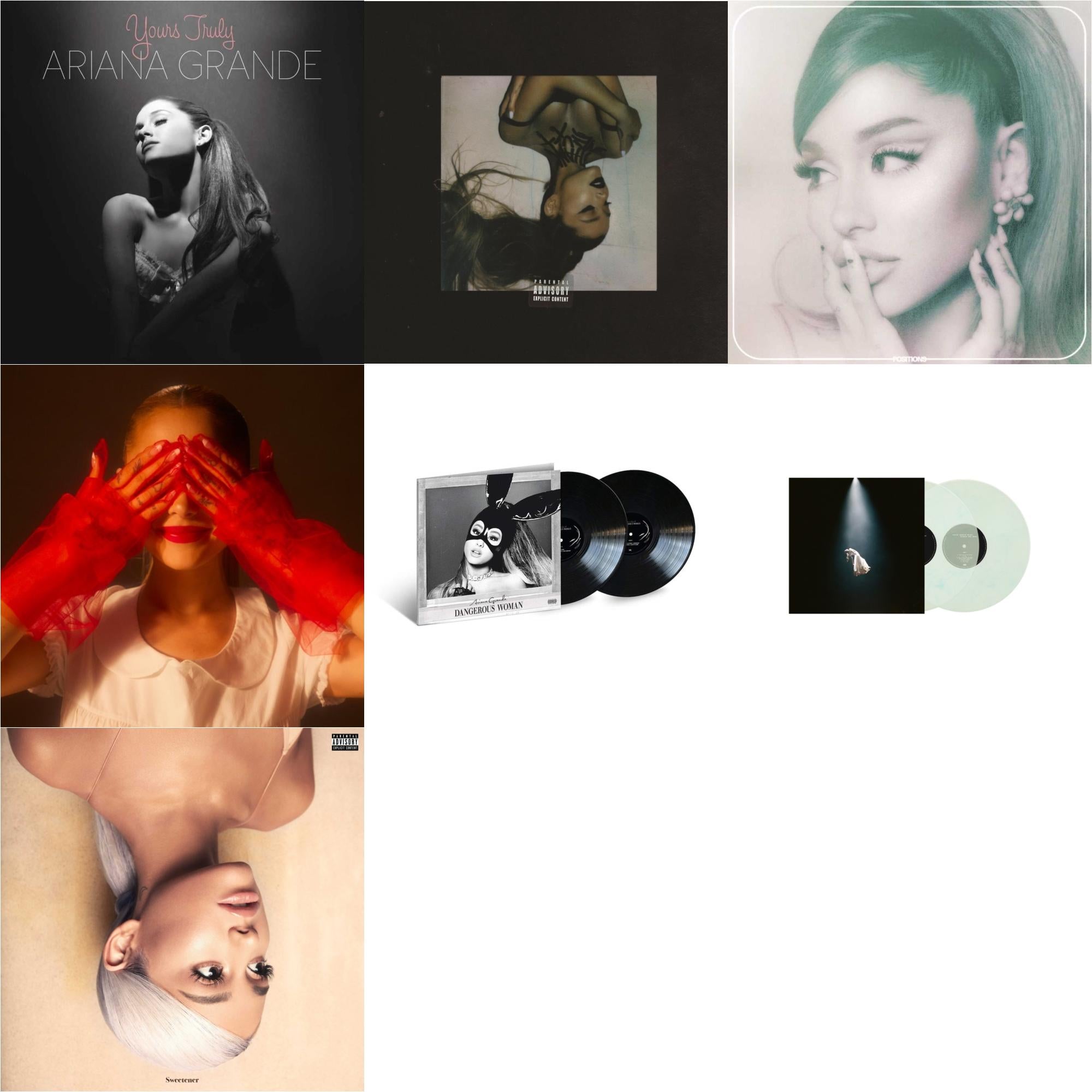 Positions (Coke Bottle Clear LP Vinyl) & Eternal Sunshine (X) (Ruby LP Vinyl) & Eternal Sunshine Deluxe: Brighter Days Ahead (X) (Translucent Marble Vinyl/2LP) & Sweetener (X) (2LP) & Thank U, Next & Dangerous Woman (2LP) & Yours Truly (180G)