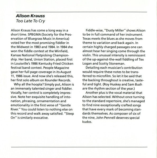 Alison Krauss – Too Late to Cry Music CD