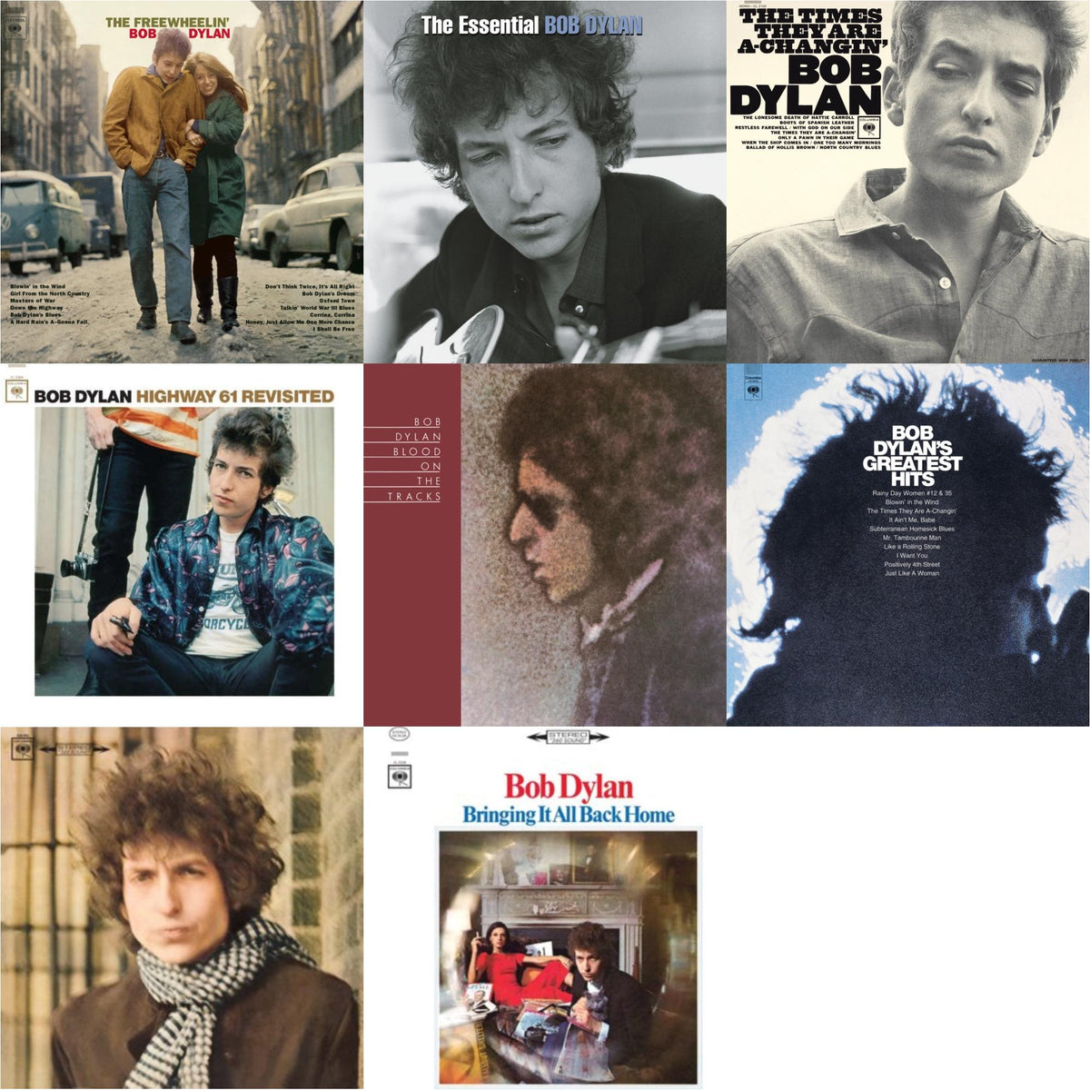 Blood On The Tracks (150G/Dl Insert) & Bringing It All Back Home & Blonde On Blonde & Times They Are A-Changin (Mono) & Highway 61 Revisited & Essential Bob Dylan & Freewheelin Bob Dylan (140G/Dl Code) & Greatest Hits (150G/Dl Card)