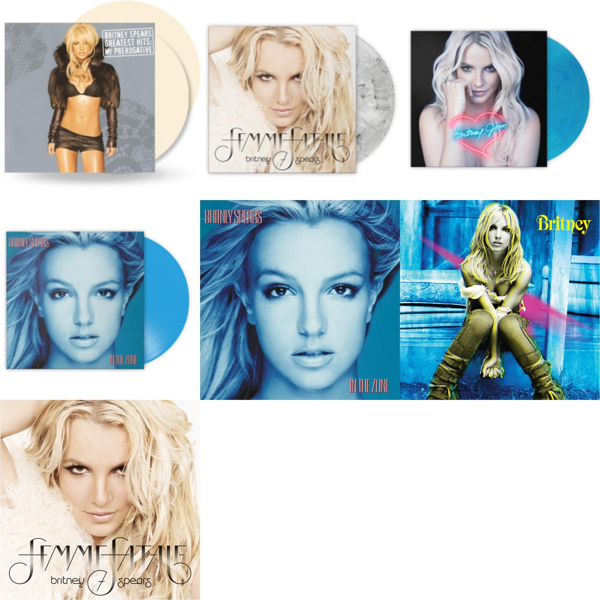 Britney & In The Zone & Femme Fatale & In The Zone (Blue LP Vinyl/Import) & Britney Jean (Blue Marbled LP Vinyl/Import) & Femme Fatale (Light Grey Marbled LP Vinyl/Import) & Greatest Hits: My Prerogative (2LP/Cream Vinyl/Import)