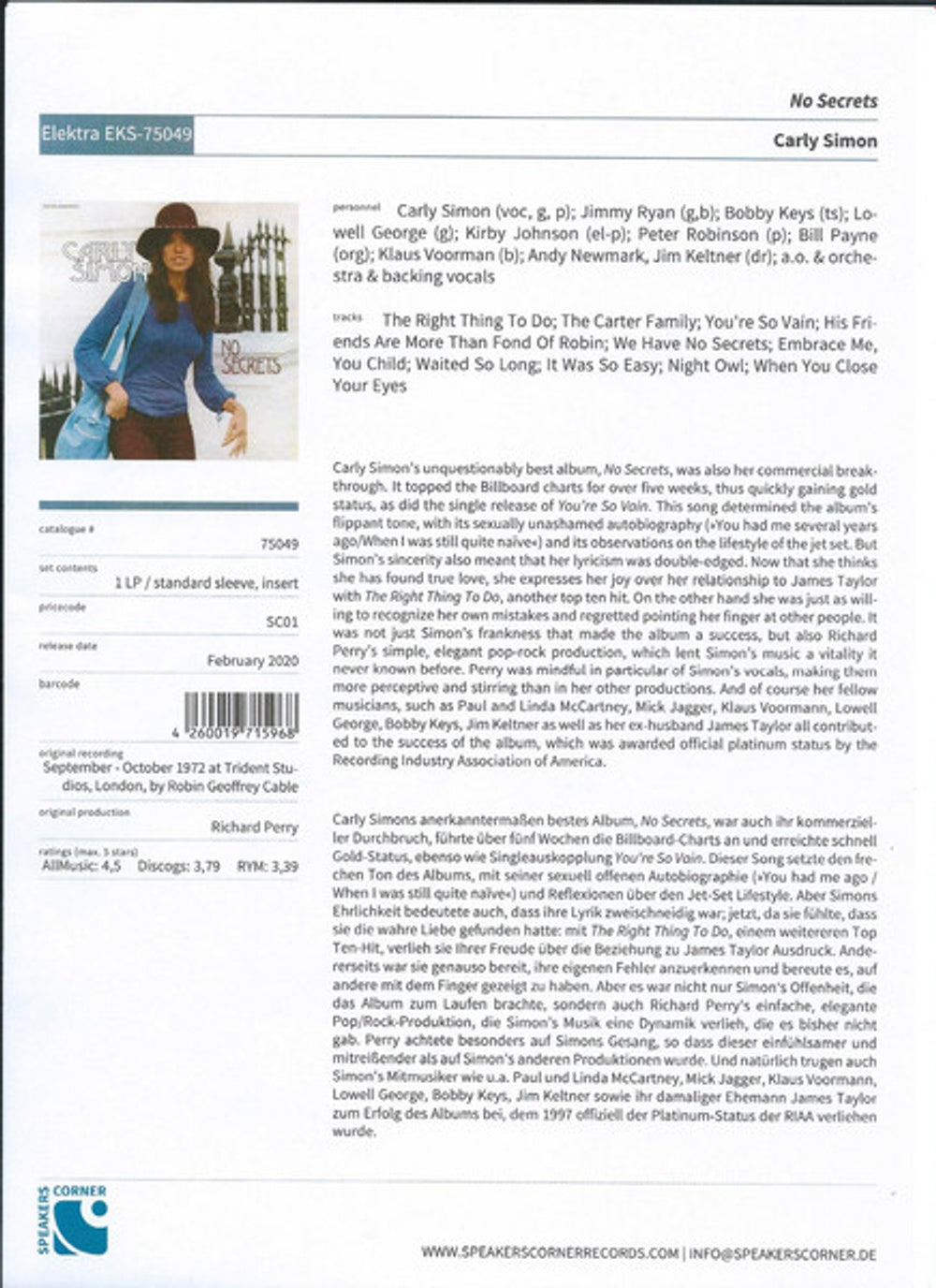 Carly Simon – No Secrets (LP Vinyl) Vinyl Record