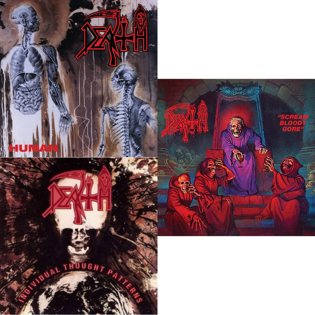 Scream Bloody Gore (Neon Violet, Bone White & Red  Tri Color Merge With Splatter LP Vinyl) & Human (Bone White, Blue Jay & Gold Tri Color Merge With Splatter LP Vinyl) & Individual Thought Patterns - Reissue