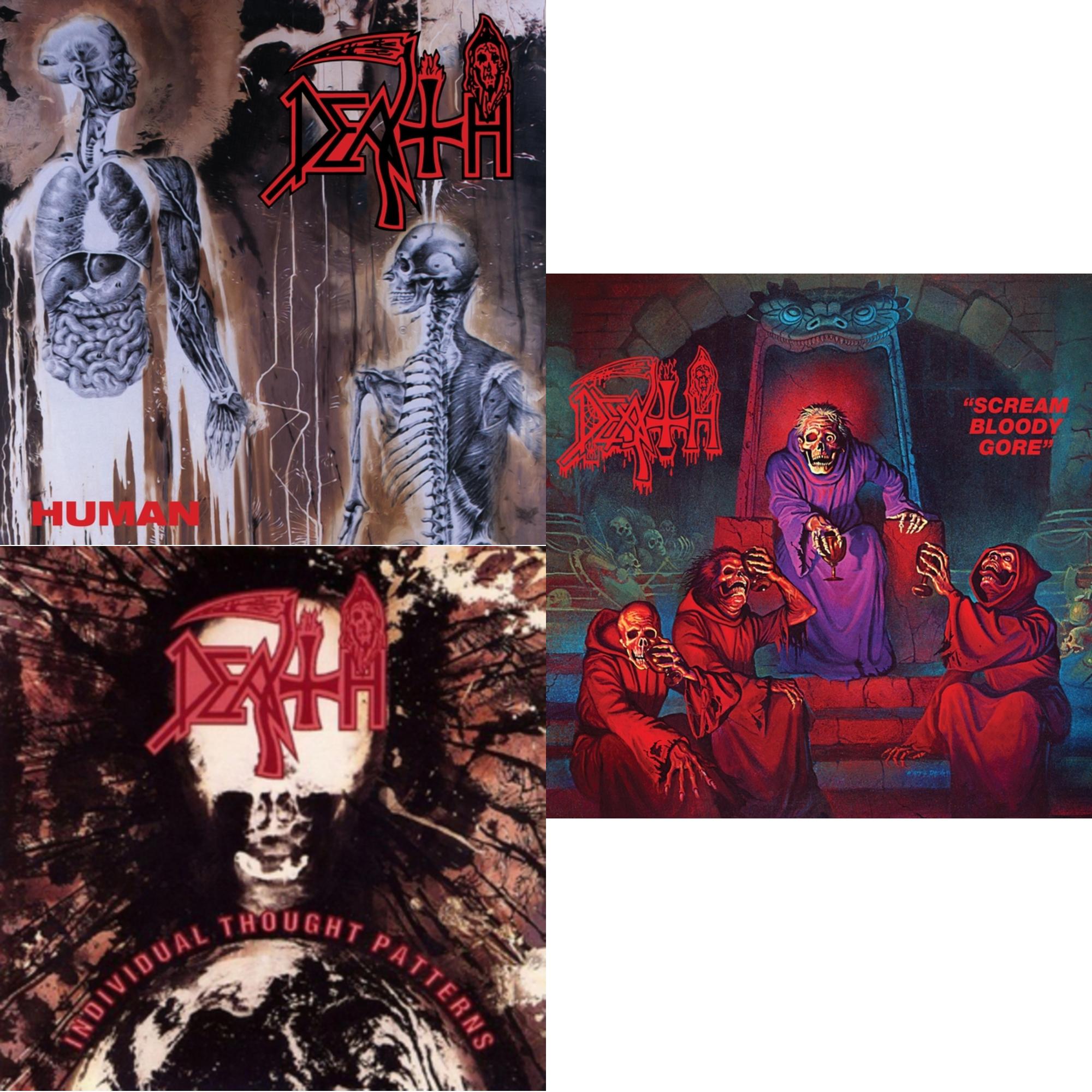 Scream Bloody Gore (Neon Violet, Bone White & Red  Tri Color Merge With Splatter LP Vinyl) & Human (Bone White, Blue Jay & Gold Tri Color Merge With Splatter LP Vinyl) & Individual Thought Patterns - Reissue