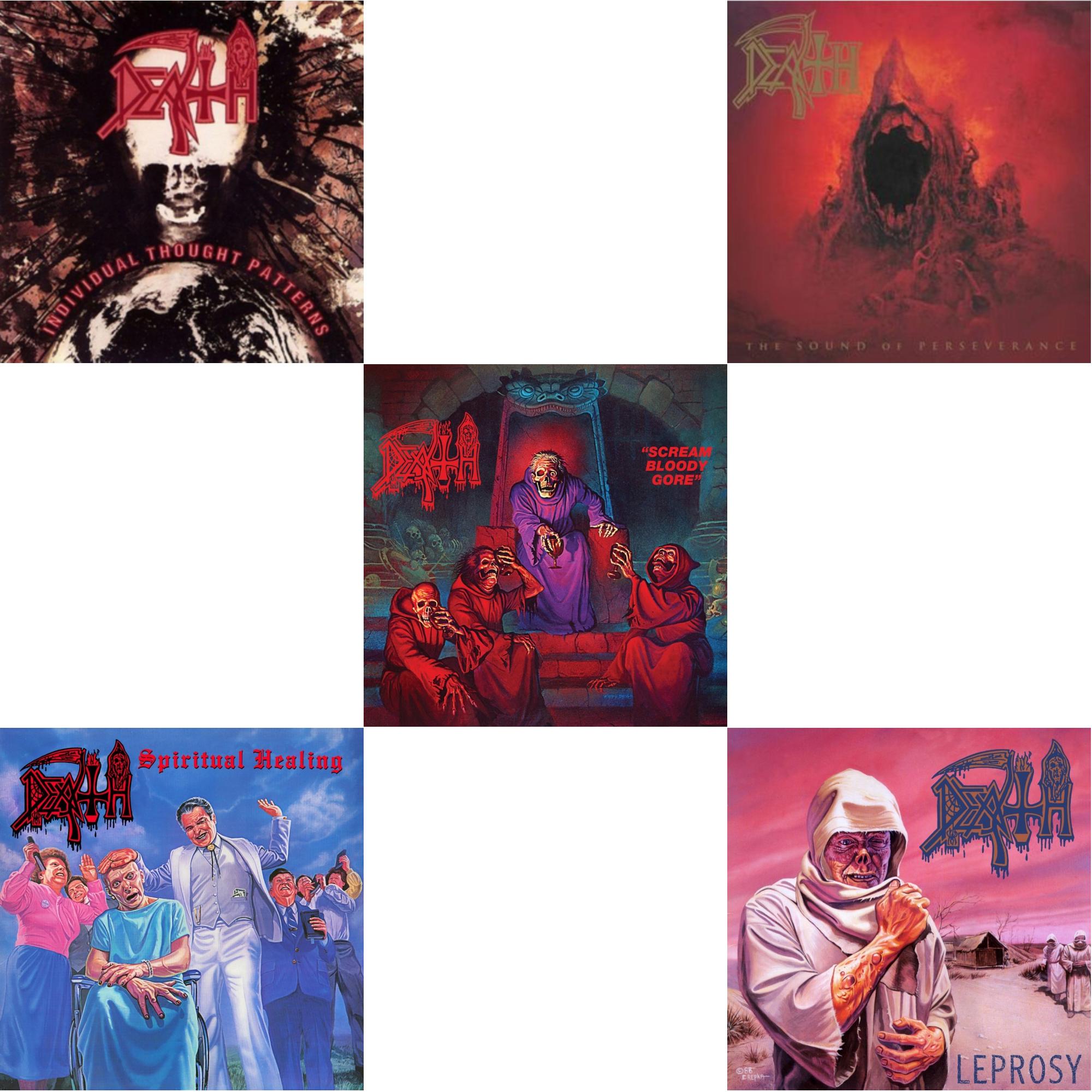 Death - Spiritual Healing - Reissue (Red, Cyan Blue & Black Tri Color Merge With Splatter LP Vinyl) & Sound Of Perseverance (Black, Red & Gold Tri Color Merge Withsplatter Vinyl/2LP) & Individual Thought Patterns - Reissue & Leprosy (Reissue) &