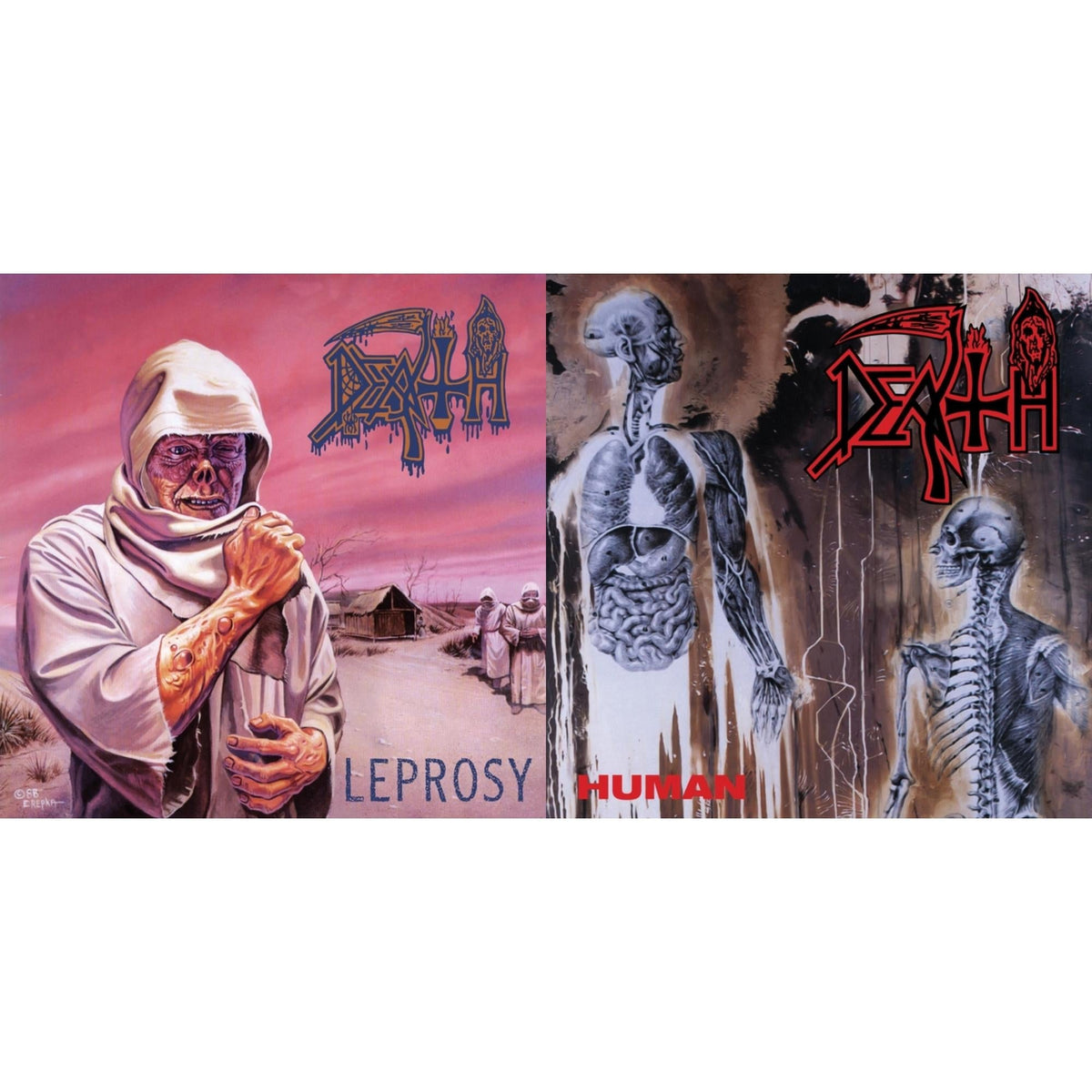 Leprosy Reissue (Hot Pink, Bone White & Blue Jay Tri Color Merge With Splatter LP Vinyl) & Human (Bone White, Blue Jay & Gold Tri Color Merge With Splatter LP Vinyl)