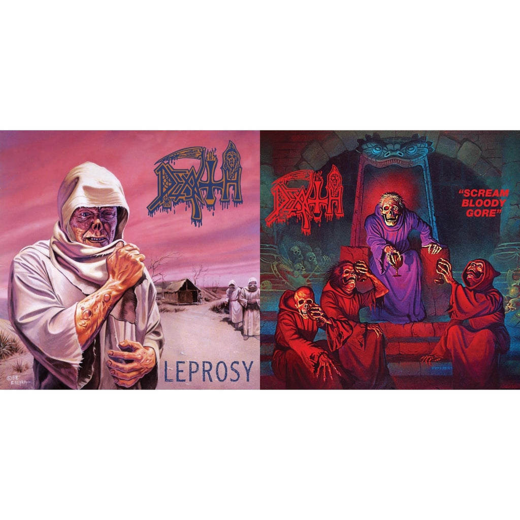 Scream Bloody Gore (Neon Violet, Bone White & Red  Tri Color Merge With Splatter LP Vinyl) & Leprosy Reissue (Hot Pink, Bone White & Blue Jay Tri Color Merge With Splatter LP Vinyl)
