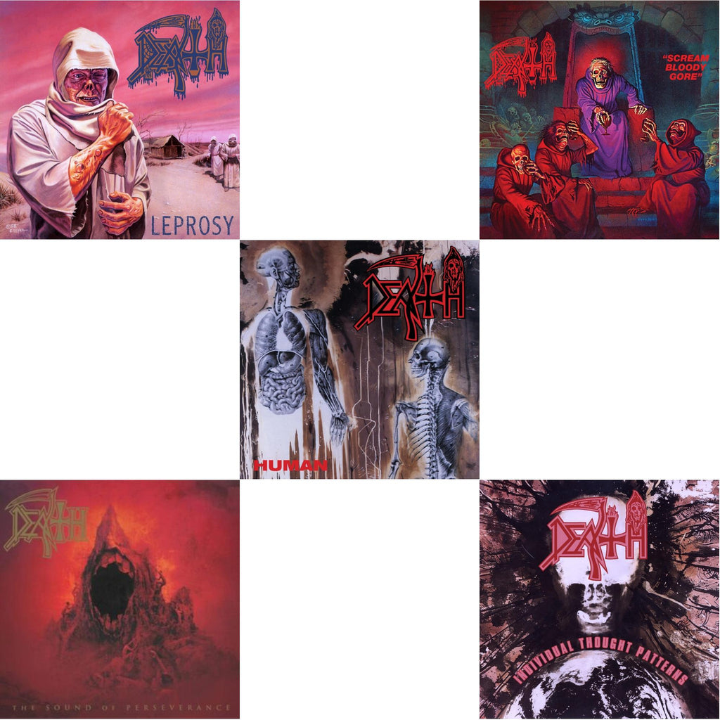 Death - Individual Thought Patterns - Reissue (Hot Pink, Bone White & Red Tri Color Merge W/ Splatter LP Vinyl) & Sound Of Perseverance (Black, Red & Gold Tri Color Merge Withsplatter Vinyl/2LP) & Human (Remastered Reissue) & Leprosy (Reissue) &