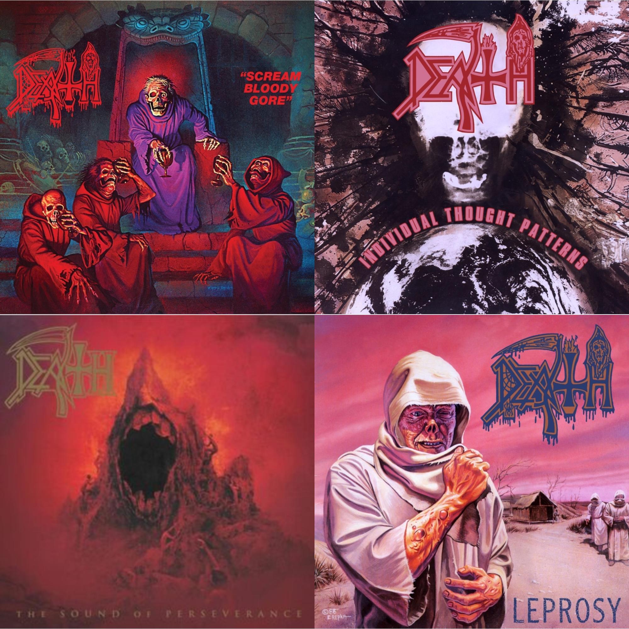 Death - Scream Bloody Gore (Neon Violet, Bone White & Red  Tri Color Merge With Splatter LP Vinyl) & Individual Thought Patterns - Reissue (Hot Pink, Bone White & Red Tri Color Merge W/ Splatter LP Vinyl) & Sound Of Perseverance (Black, Red & Gold