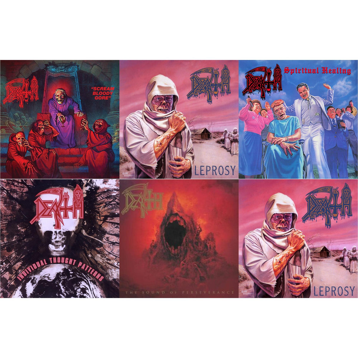 Death - Scream Bloody Gore (Neon Violet, Bone White & Red  Tri Color Merge With Splatter LP Vinyl) & Leprosy Reissue (Hot Pink, Bone White & Blue Jay Tri Color Merge With Splatter LP Vinyl) & Spiritual Healing - Reissue (Red, Cyan Blue & Black Tri