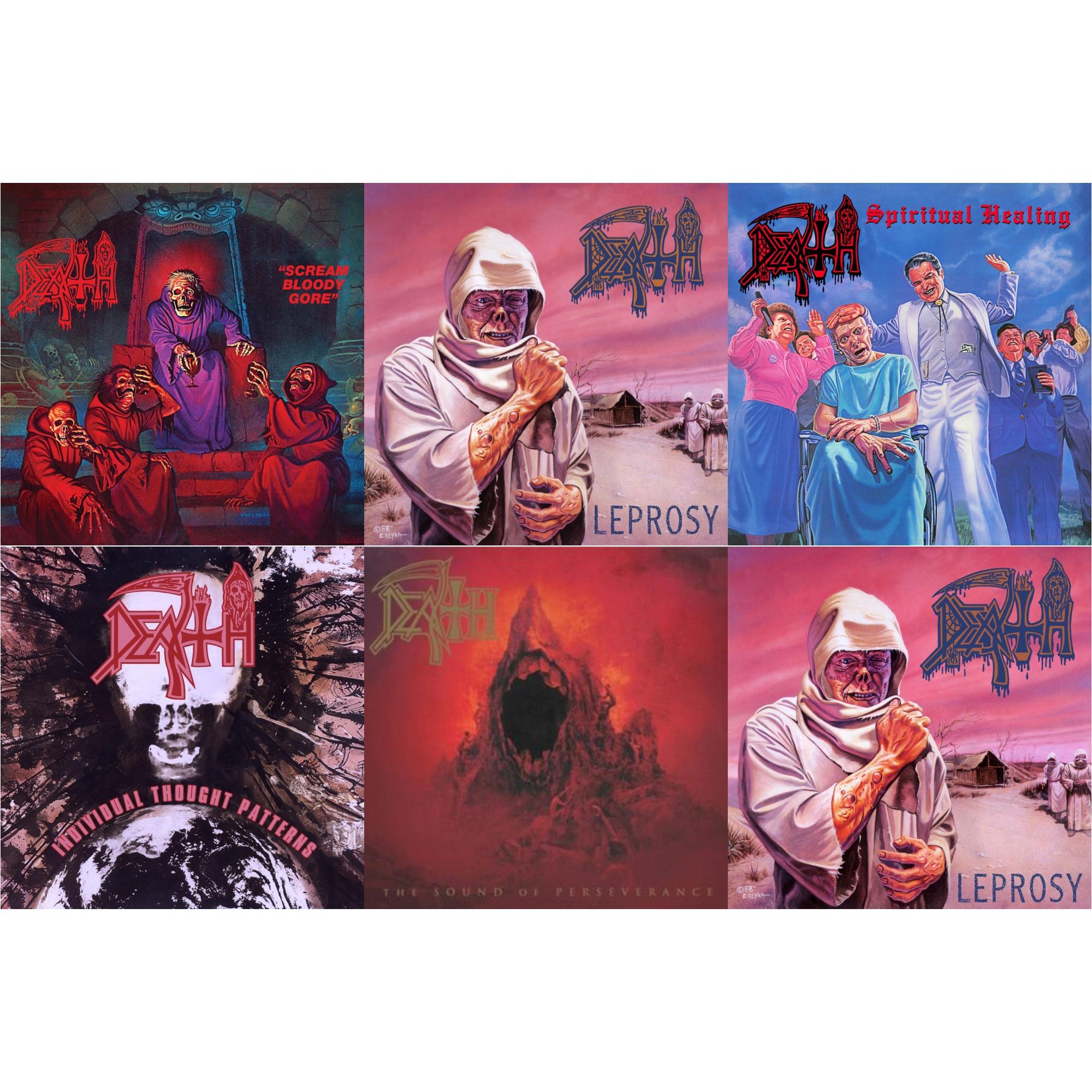 Death - Scream Bloody Gore (Neon Violet, Bone White & Red  Tri Color Merge With Splatter LP Vinyl) & Leprosy Reissue (Hot Pink, Bone White & Blue Jay Tri Color Merge With Splatter LP Vinyl) & Spiritual Healing - Reissue (Red, Cyan Blue & Black Tri