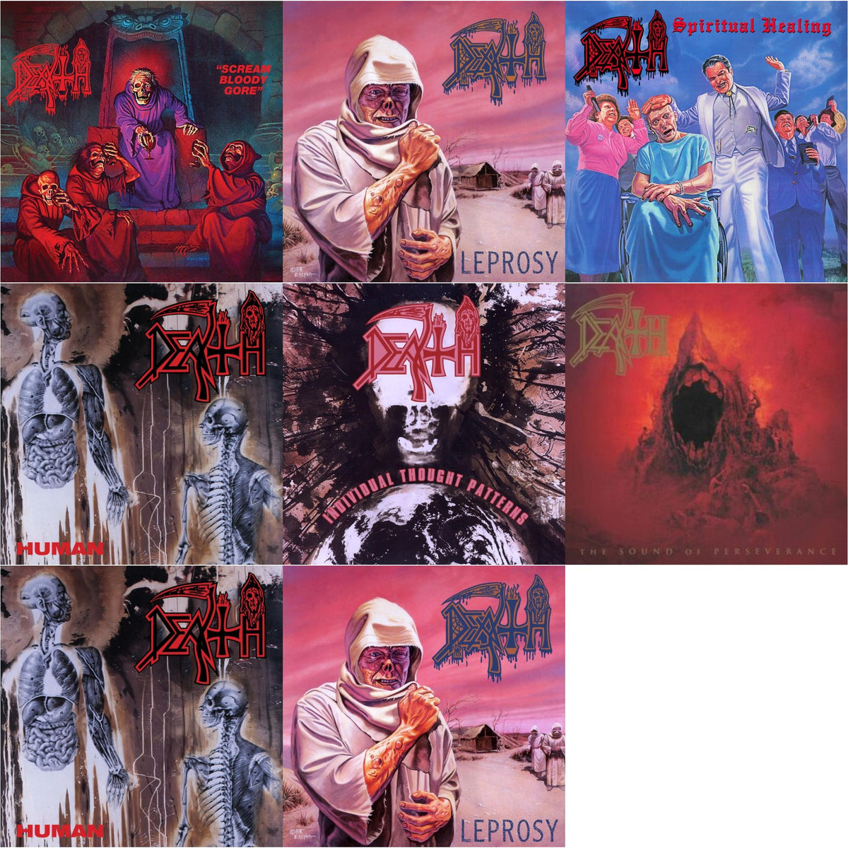 Death - Scream Bloody Gore (Neon Violet, Bone White & Red  Tri Color Merge With Splatter LP Vinyl) & Leprosy Reissue (Hot Pink, Bone White & Blue Jay Tri Color Merge With Splatter LP Vinyl) & Spiritual Healing - Reissue (Red, Cyan Blue & Black Tri
