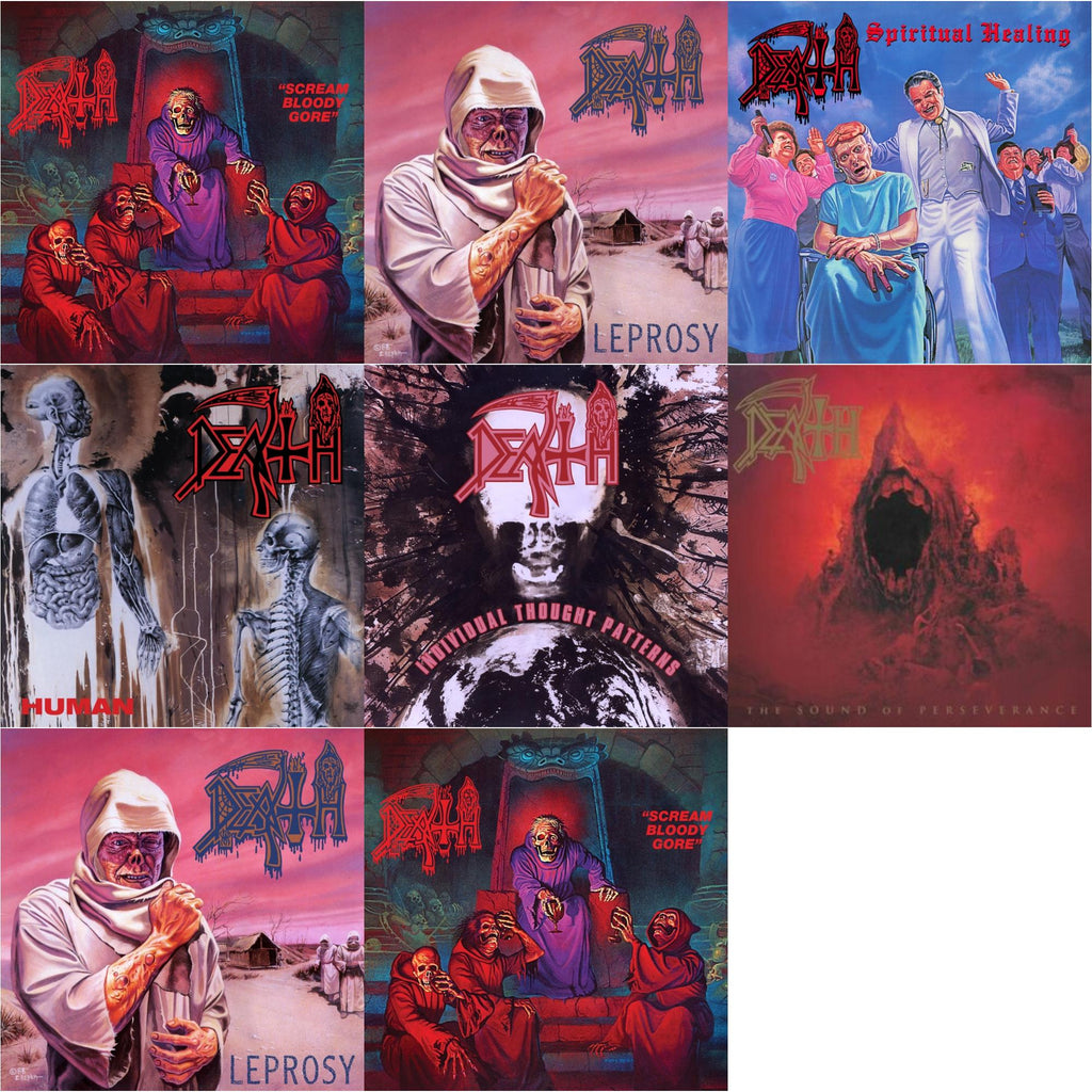 Death - Scream Bloody Gore (Neon Violet, Bone White & Red  Tri Color Merge With Splatter LP Vinyl) & Leprosy Reissue (Hot Pink, Bone White & Blue Jay Tri Color Merge With Splatter LP Vinyl) & Spiritual Healing - Reissue (Red, Cyan Blue & Black Tri