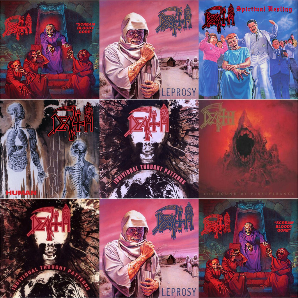 Death - Scream Bloody Gore (Neon Violet, Bone White & Red  Tri Color Merge With Splatter LP Vinyl) & Leprosy Reissue (Hot Pink, Bone White & Blue Jay Tri Color Merge With Splatter LP Vinyl) & Spiritual Healing - Reissue (Red, Cyan Blue & Black Tri