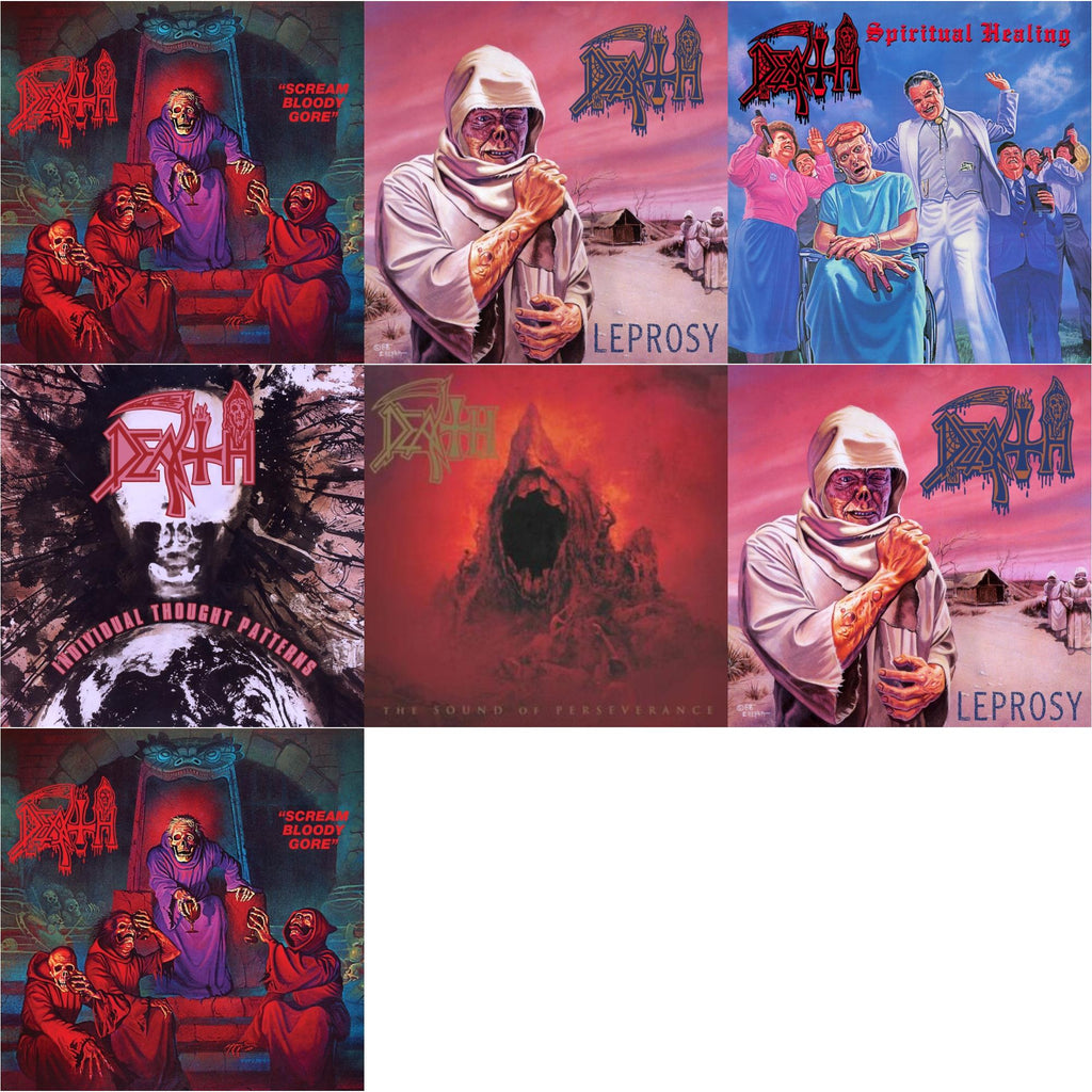 Death - Scream Bloody Gore (Neon Violet, Bone White & Red  Tri Color Merge With Splatter LP Vinyl) & Leprosy Reissue (Hot Pink, Bone White & Blue Jay Tri Color Merge With Splatter LP Vinyl) & Spiritual Healing - Reissue (Red, Cyan Blue & Black Tri