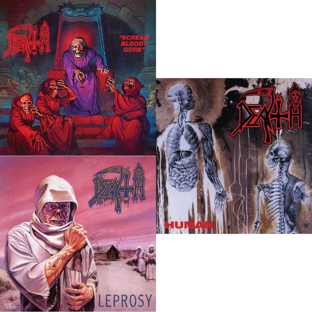 Death - Scream Bloody Gore (Neon Violet, Bone White & Red  Tri Color Merge With Splatter LP Vinyl) & Leprosy Reissue (Hot Pink, Bone White & Blue Jay Tri Color Merge With Splatter LP Vinyl) & Human (Bone White, Blue Jay & Gold Tri Color Merge With