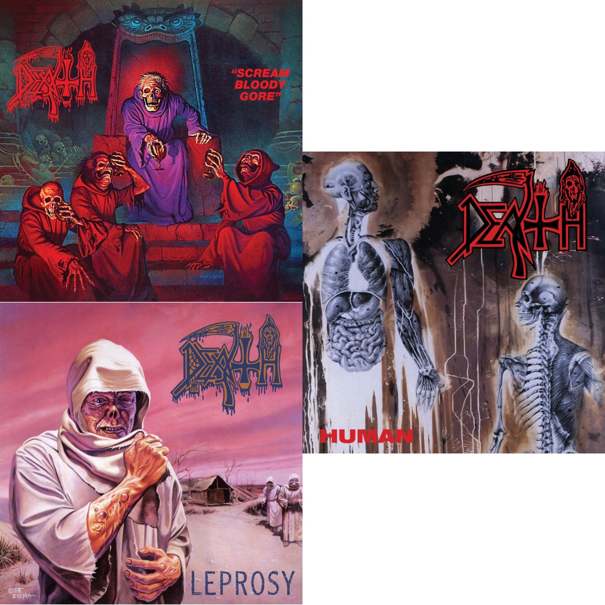 Death - Scream Bloody Gore (Neon Violet, Bone White & Red  Tri Color Merge With Splatter LP Vinyl) & Leprosy Reissue (Hot Pink, Bone White & Blue Jay Tri Color Merge With Splatter LP Vinyl) & Human (Bone White, Blue Jay & Gold Tri Color Merge With