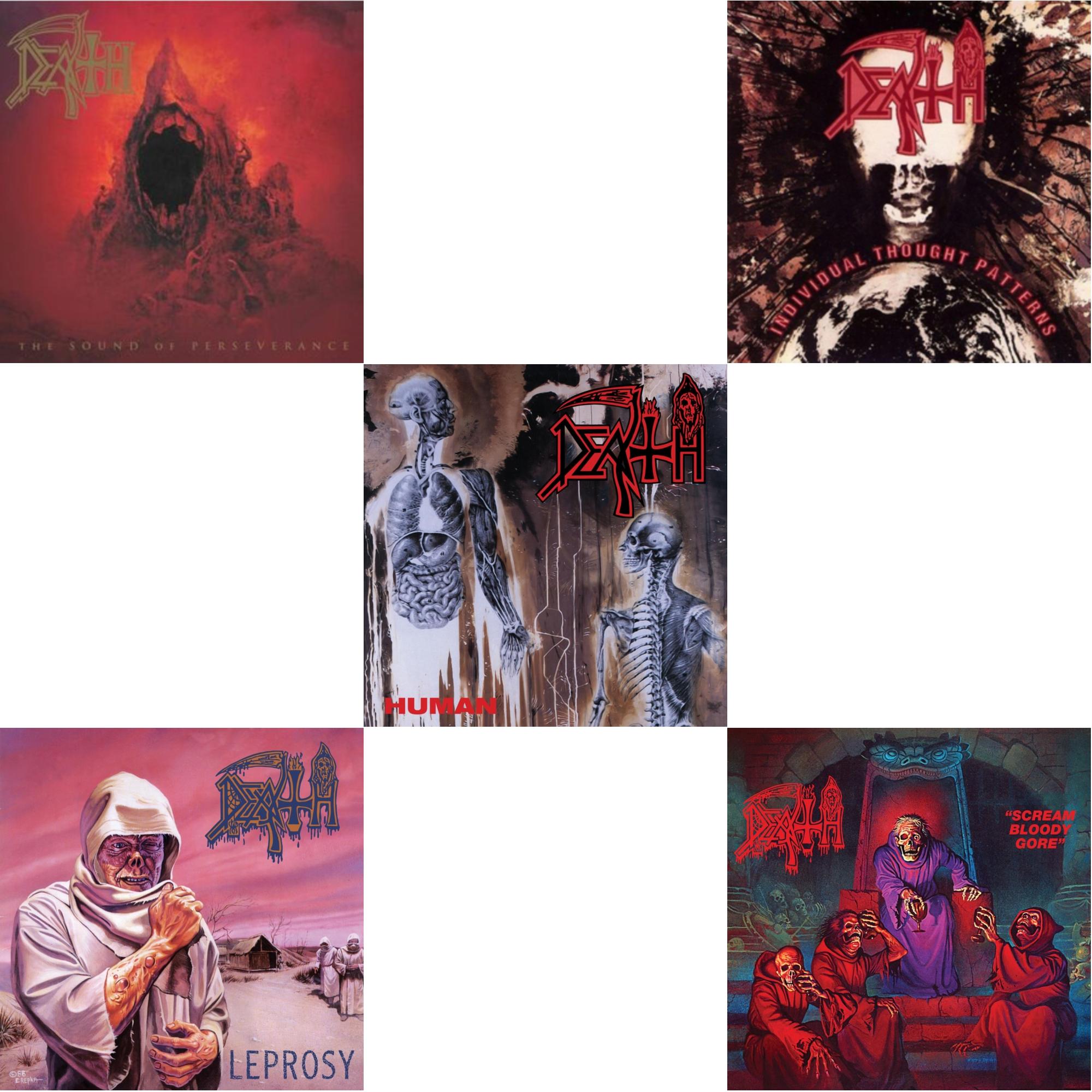 Death - Scream Bloody Gore (Neon Violet, Bone White & Red  Tri Color Merge With Splatter LP Vinyl) & Leprosy Reissue (Hot Pink, Bone White & Blue Jay Tri Color Merge With Splatter LP Vinyl) & Human (Bone White, Blue Jay & Gold Tri Color Merge With