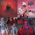Death - Scream Bloody Gore (Neon Violet, Bone White & Red  Tri Color Merge With Splatter LP Vinyl) & Leprosy Reissue (Hot Pink, Bone White & Blue Jay Tri Color Merge With Splatter LP Vinyl) & Human (Bone White, Blue Jay & Gold Tri Color Merge With