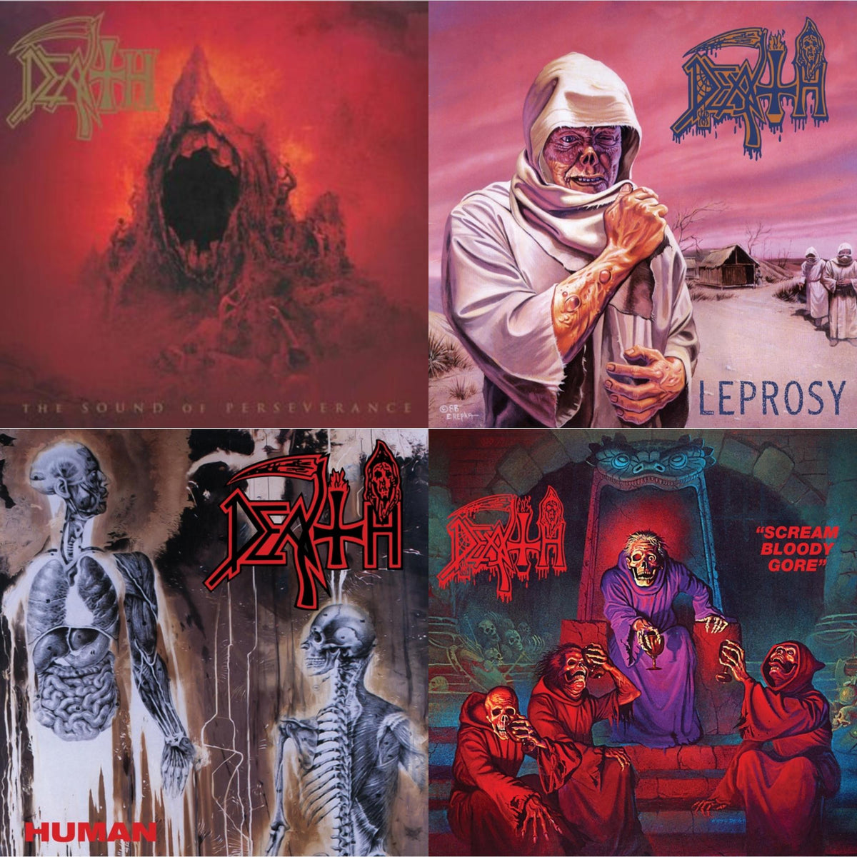 Death - Scream Bloody Gore (Neon Violet, Bone White & Red  Tri Color Merge With Splatter LP Vinyl) & Leprosy Reissue (Hot Pink, Bone White & Blue Jay Tri Color Merge With Splatter LP Vinyl) & Human (Bone White, Blue Jay & Gold Tri Color Merge With