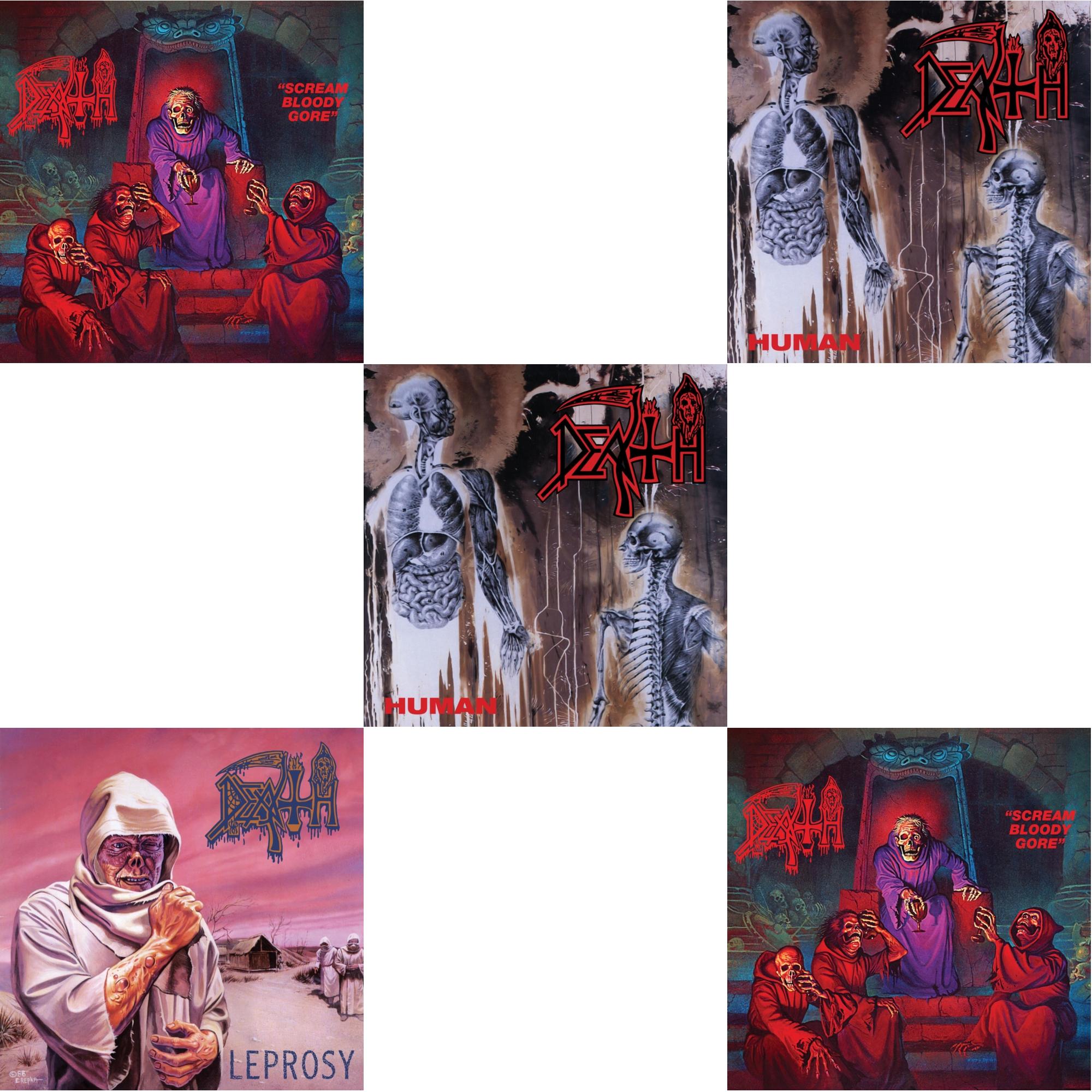 Death - Scream Bloody Gore (Neon Violet, Bone White & Red  Tri Color Merge With Splatter LP Vinyl) & Leprosy Reissue (Hot Pink, Bone White & Blue Jay Tri Color Merge With Splatter LP Vinyl) & Human (Bone White, Blue Jay & Gold Tri Color Merge With