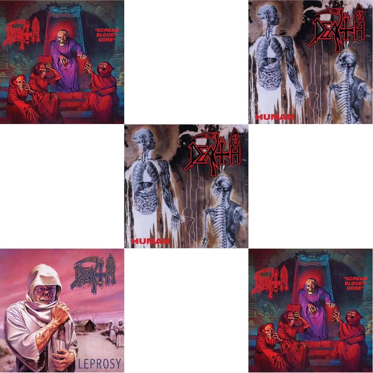 Death - Scream Bloody Gore (Neon Violet, Bone White & Red  Tri Color Merge With Splatter LP Vinyl) & Leprosy Reissue (Hot Pink, Bone White & Blue Jay Tri Color Merge With Splatter LP Vinyl) & Human (Bone White, Blue Jay & Gold Tri Color Merge With