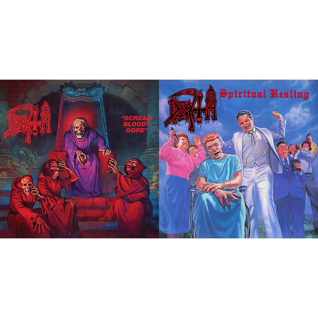 Scream Bloody Gore (Neon Violet, Bone White & Red  Tri Color Merge With Splatter LP Vinyl) & Spiritual Healing - Reissue (Red, Cyan Blue & Black Tri Color Merge With Splatter LP Vinyl)