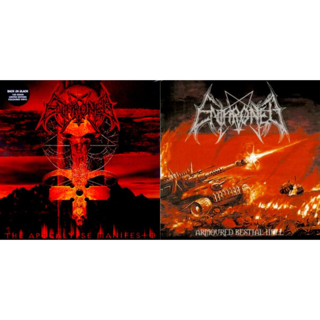 Enthroned - Apocolypse Manifesto (Clear LP Vinyl With Red/Orange/Grey Splatter LP Vinyl) & Armoured Bestial Hell (Clear LP Vinyl With Red/Orange/White Splatter LP Vinyl)