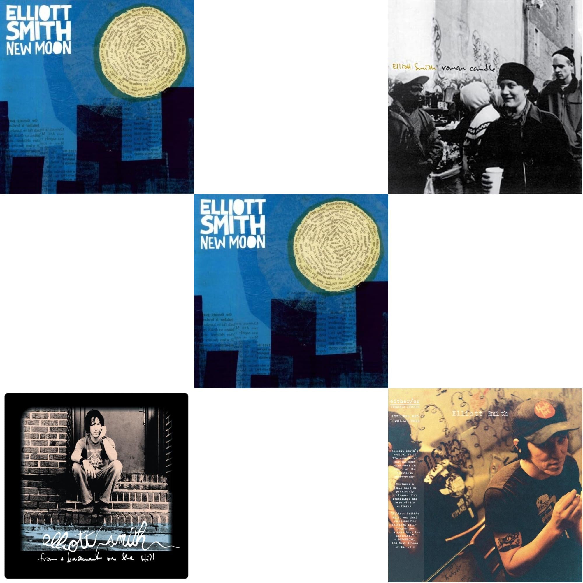 Elliott Smith - New Moon & From A Basement On The Hill (Dl Card/2LP) & New Moon (Metallic Silver Vinyl/2LP) (I) & Roman Candle (Dl Card) & Either/Or (Dl Card)