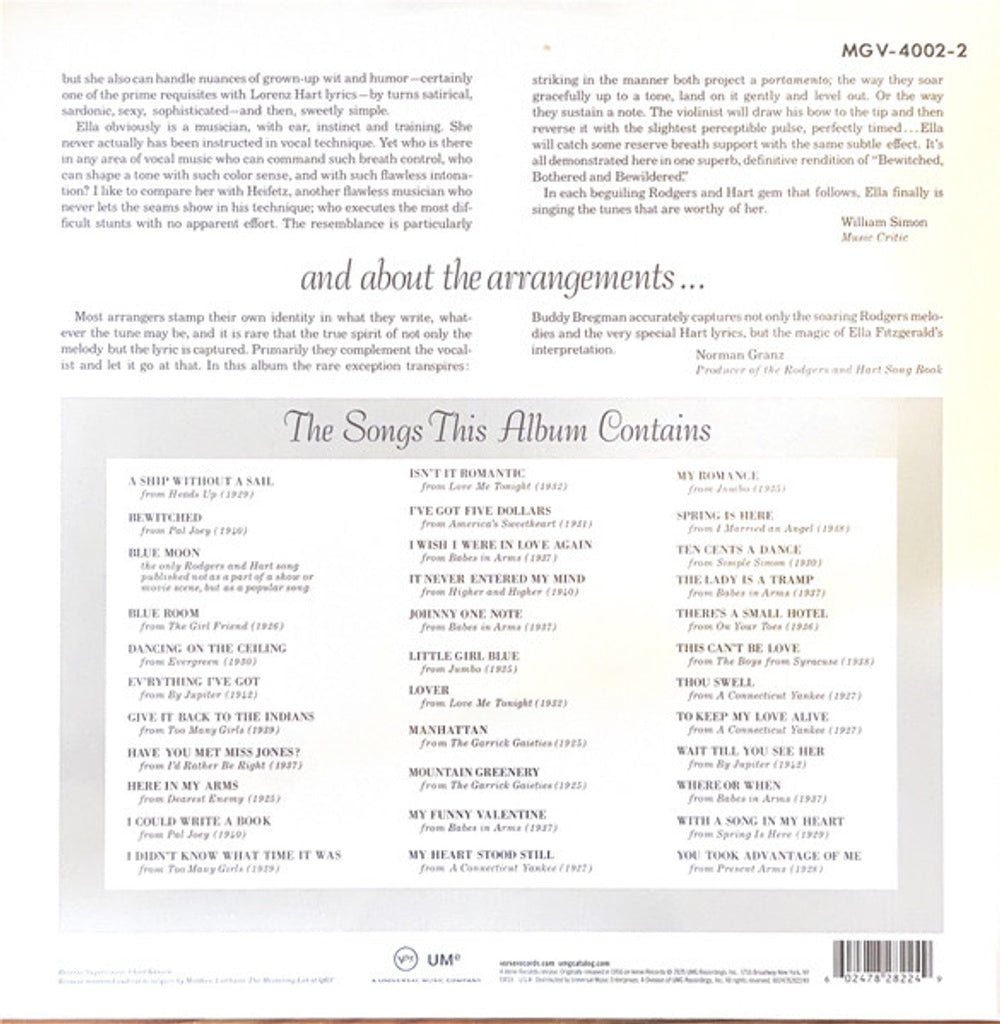 Ella Fitzgerald – Sings the Rodgers and Hart Song Book (2-LP Vinyl) Vinyl Record