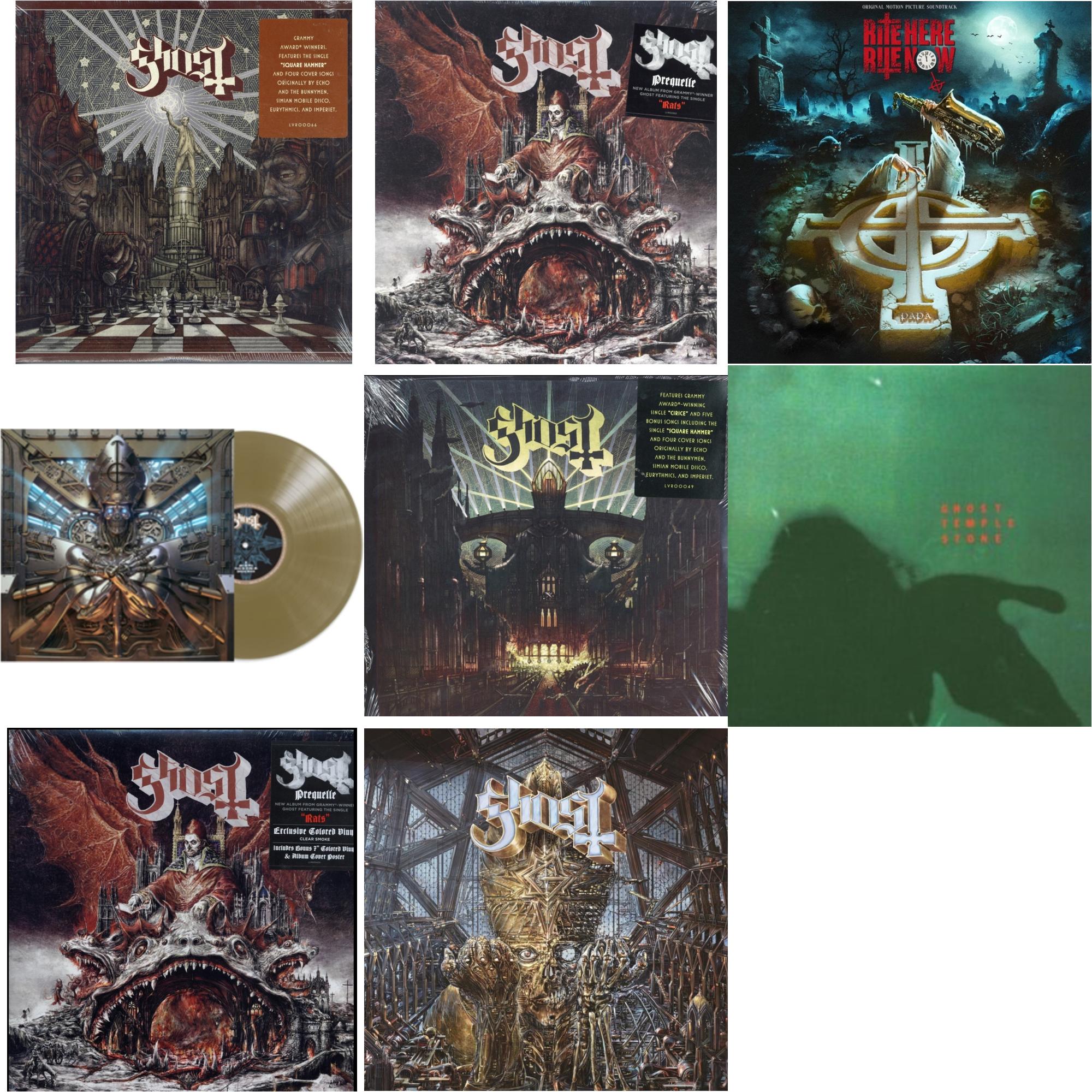 Ghost - Popestar & Prequelle (LP) & Rite Here Rite Now (Ost) (2LP) & Phantomime (Gold LP Vinyl) & Meliora (Deluxe Edition) & Temple Stone (Clear Green LP Vinyl) & Prequelle (LP/Clear Smoke 7 Inch) & Impera