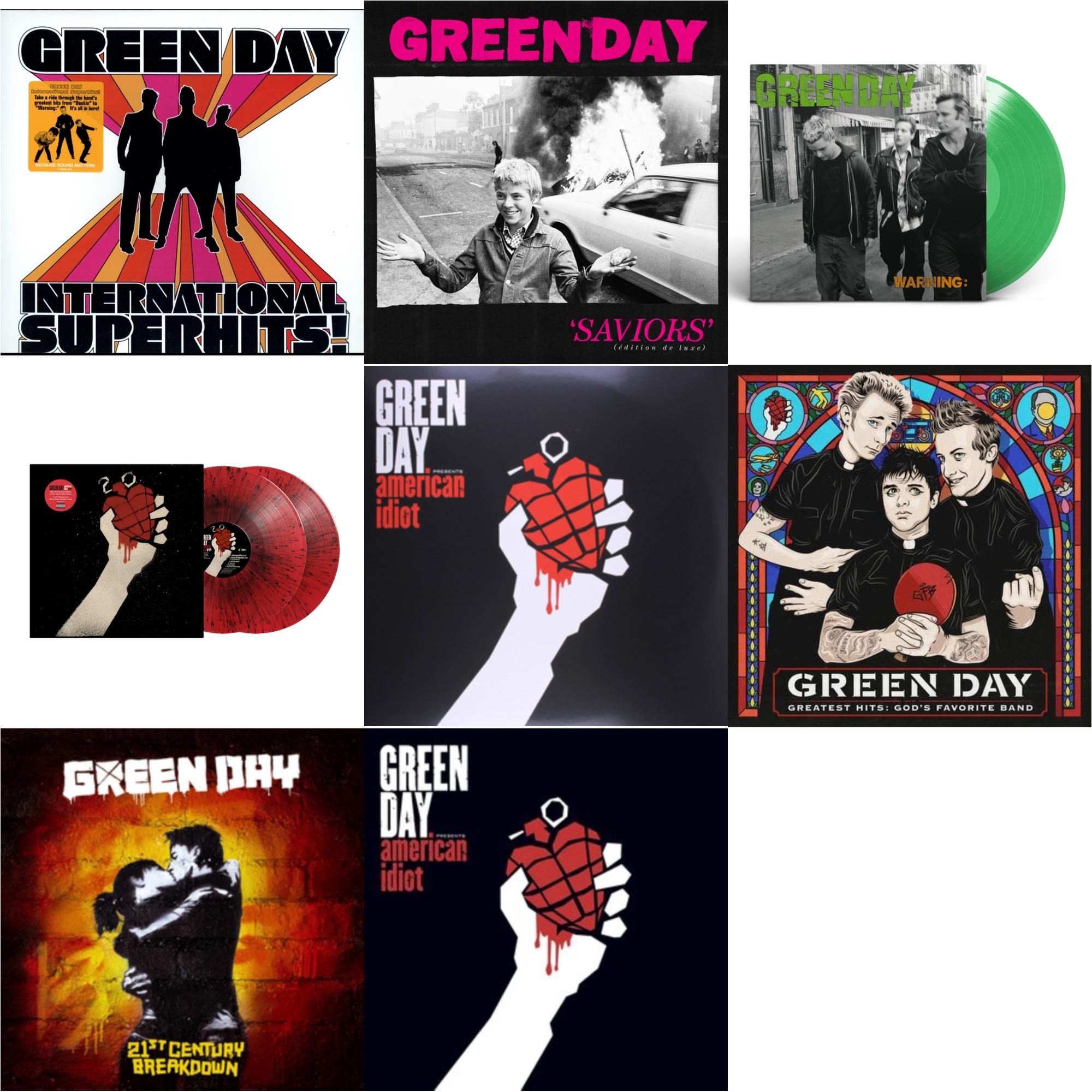 Green Day - International Superhits & Saviors (Edition De Luxe/2LP/Hot Pink W/ White Splatter Vinyl) & Warning (Fluorescent Green LP Vinyl) & American Idiot (2LP/Red & Black Splatter Vinyl) & American Idiot & Greatest Hits: God's Favorite Band (X) &