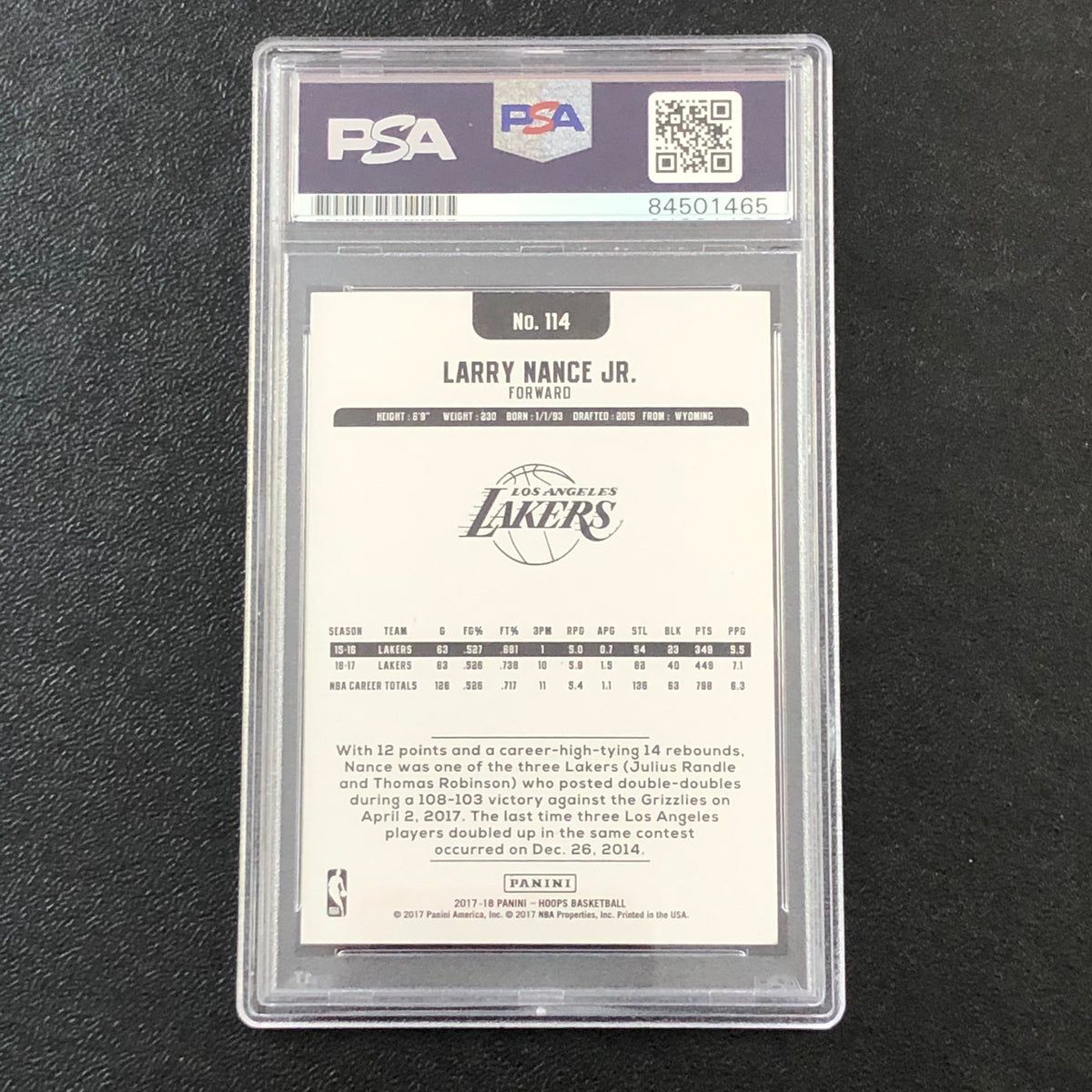 2017-18 NBA Hoops #114 Larry Nance Jr. Signed Card AUTO PSA Slabbed Lakers