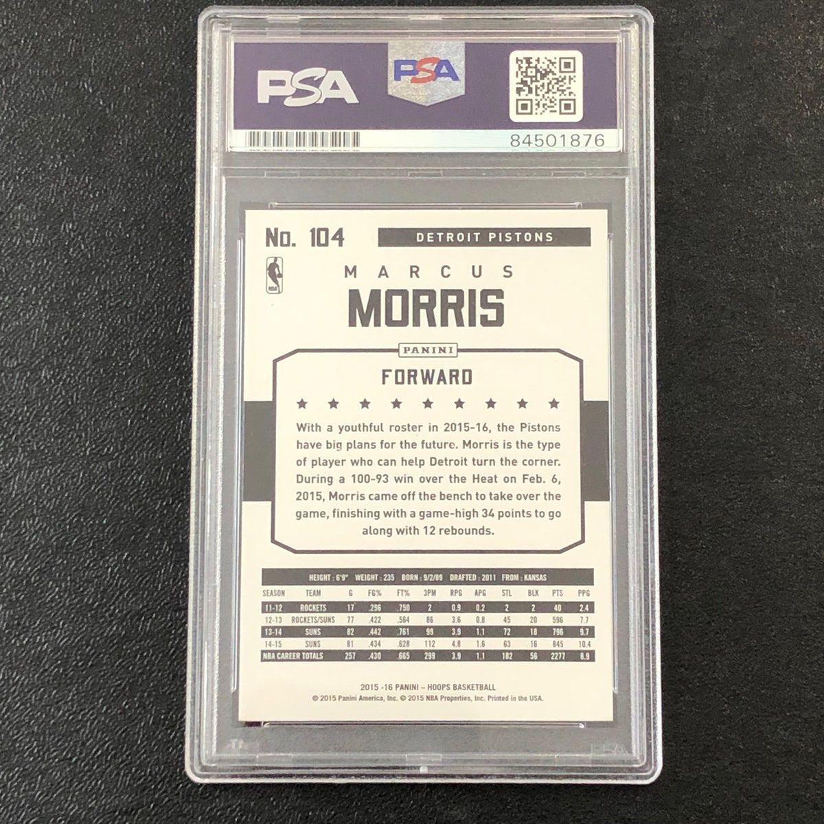 2015-16 NBA Hoops #104 Marcus Morris Signed Card AUTO PSA Slabbed Pistons