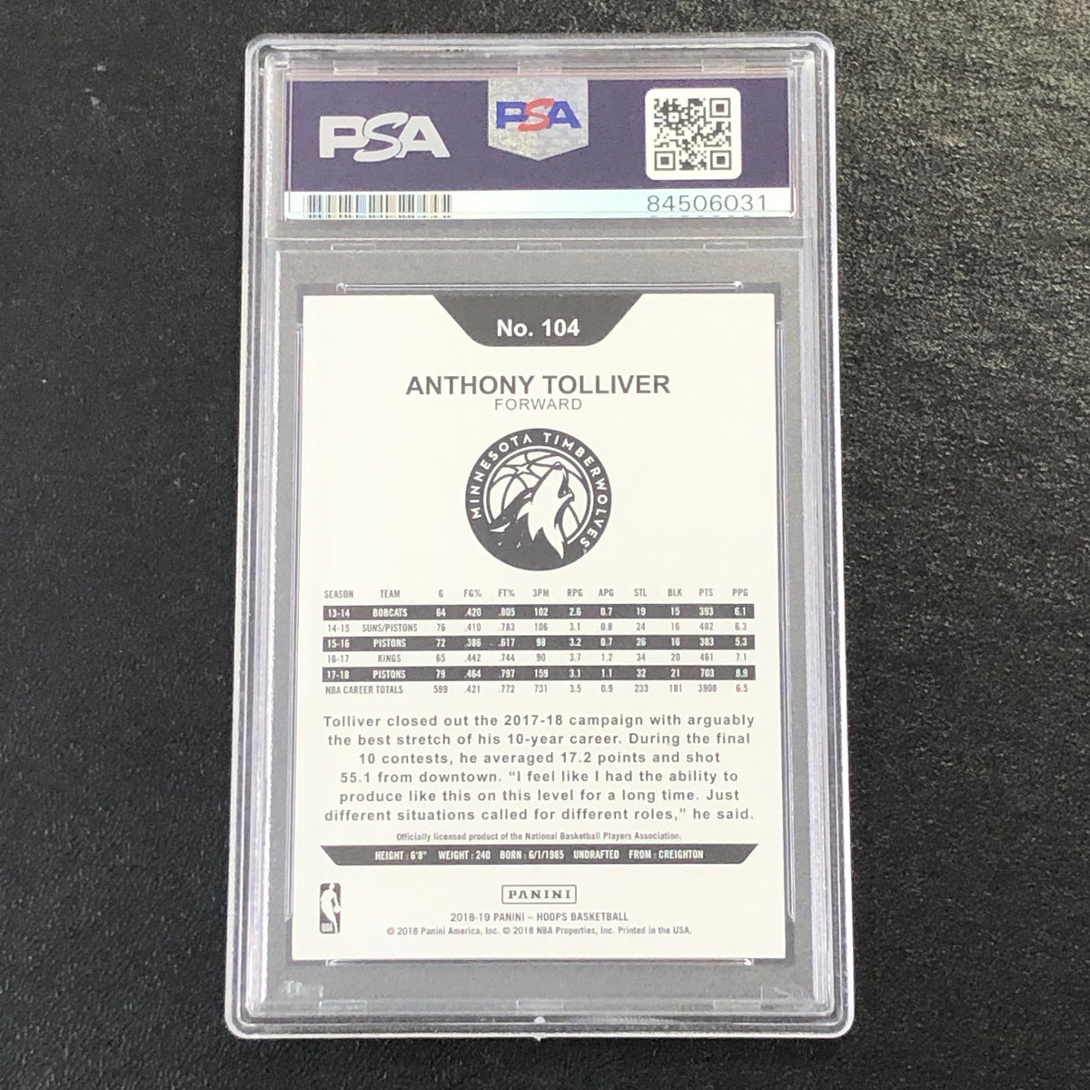 2018-19 NBA Hoops #104 Anthony Tolliver Signed Card AUTO PSA Slabbed Timberwolves