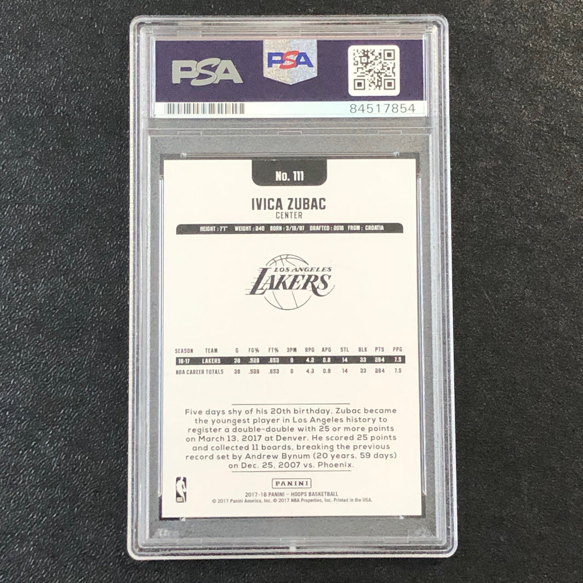2017-18 NBA Hoops #111 Ivica Zubac Signed Card AUTO 10 PSA Slabbed Lakers