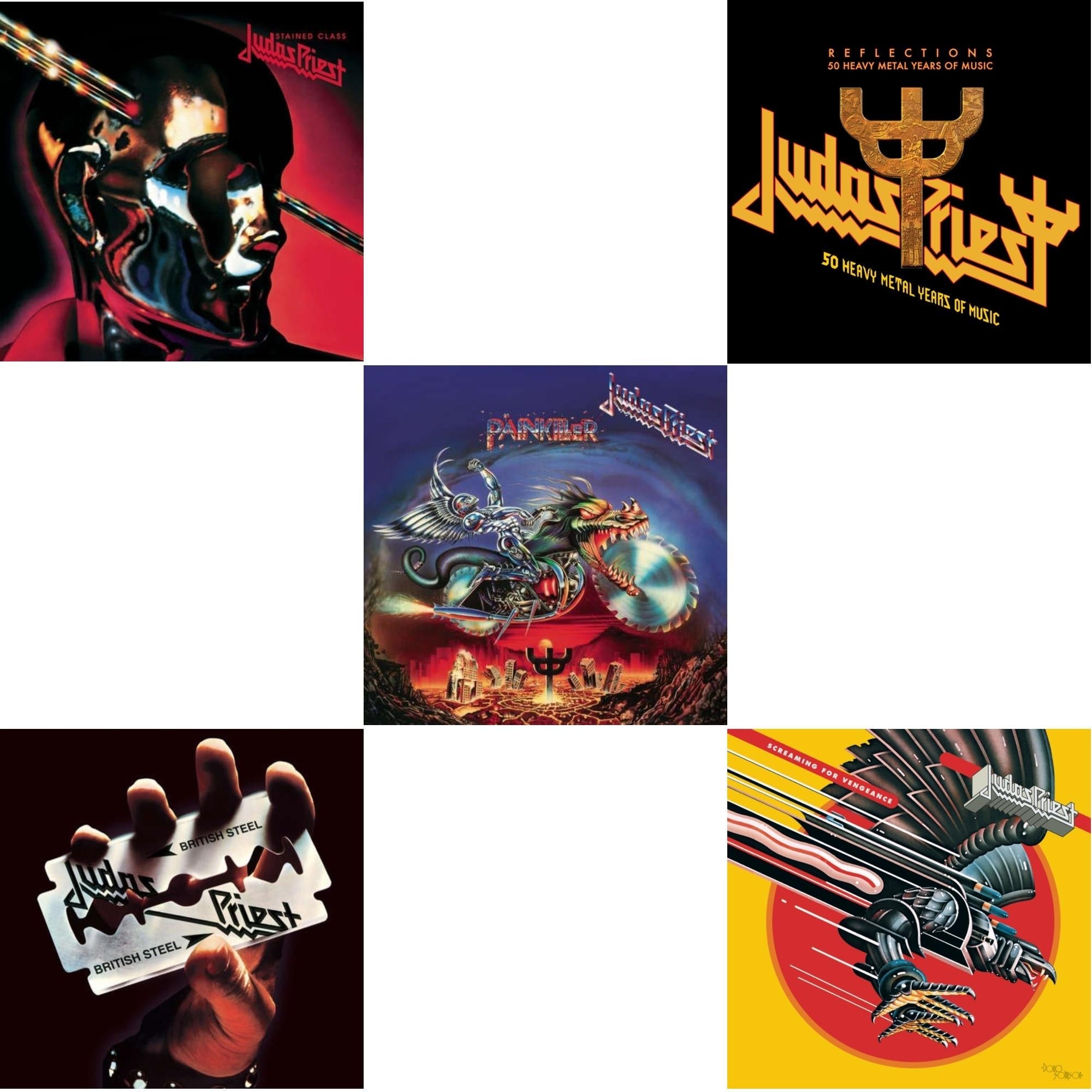 Judas Priest - Stained Class (180G/Dl Card) & British Steel (180G)(Dl Code) & Painkiller (180G/Dl Card) & Reflections - 50 Heavy Metal Years Of Music (2LP/180G/Red Vinyl) & Screaming For Vengeance (180G/Dl Card)