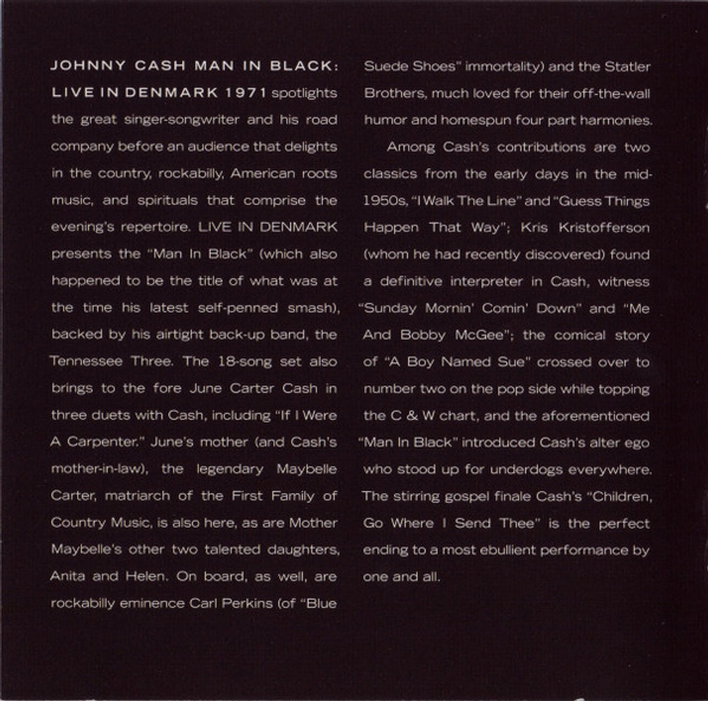 Johnny Cash – Man in Black: Live in Demark 1971 Music CD