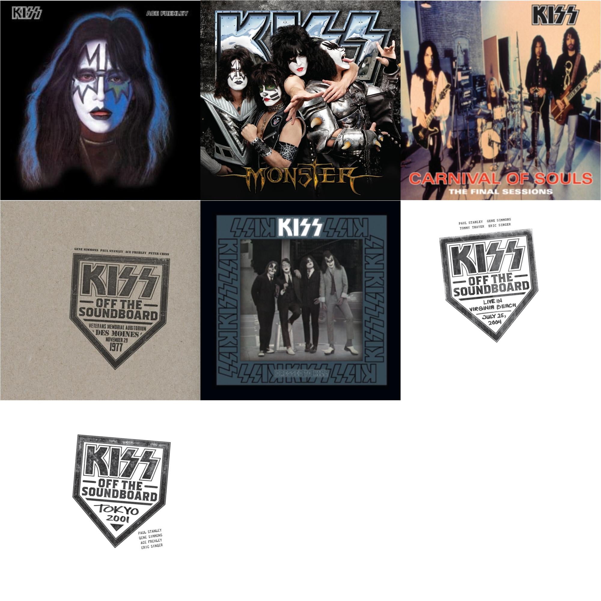 Kiss Off The Soundboard: Tokyo 2001 (3LP) & Kiss Off The Soundboard: Live In Virginia Beach (3LP) & Kiss Off The Soundboard: Live In Des Moines (2LP) & Monster & Dressed To Kill & Carnival Of Souls & Ace Frehley