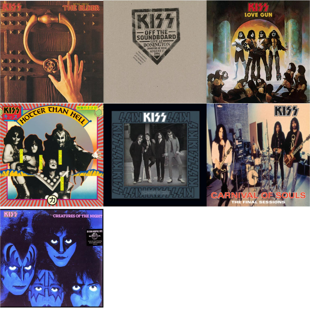 Music From The Elder (Half-Speed Master/Clear LP Vinyl/180G) & Kiss Off The Soundboard: Donington 1996 (Live) (3LP) & Love Gun (Tangerine/Aqua Splatter LP Vinyl) & Hotter Than Hell & Dressed To Kill & Carnival Of Souls & Creatures Of Night