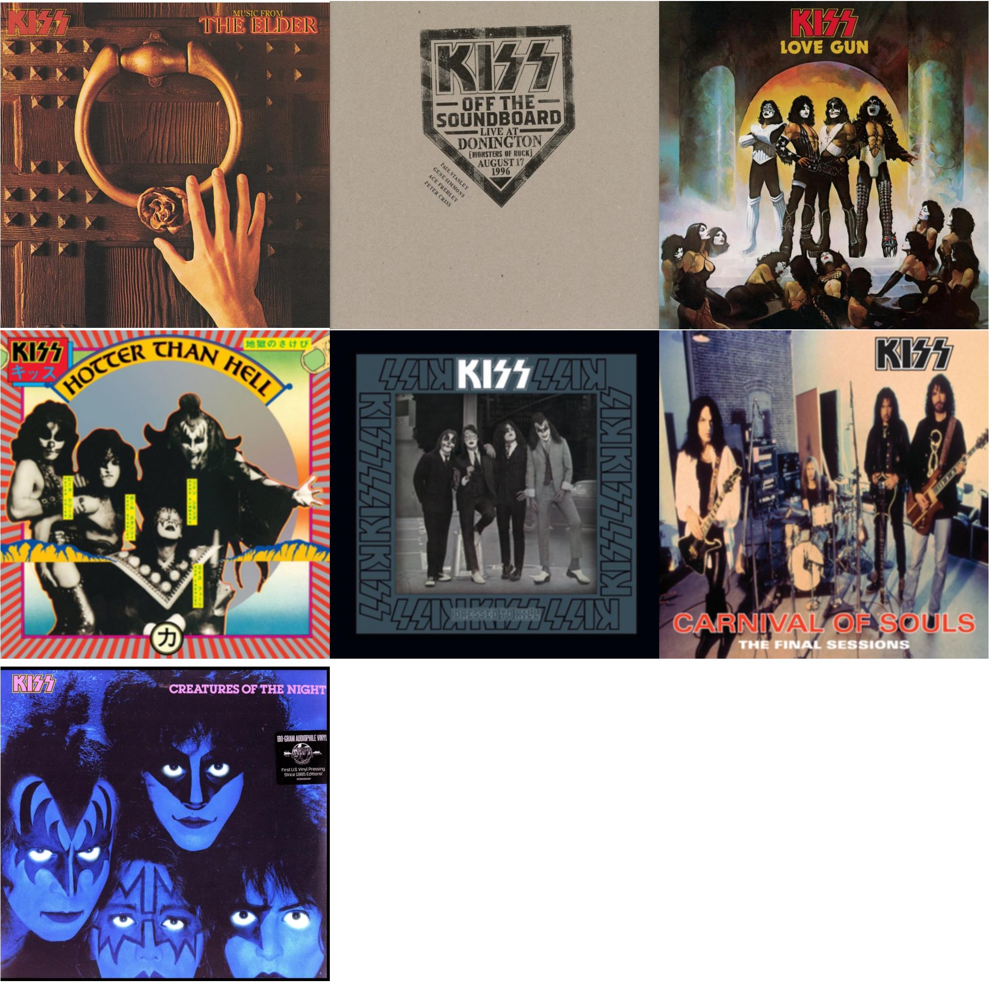 Music From The Elder (Half-Speed Master/Clear LP Vinyl/180G) & Kiss Off The Soundboard: Donington 1996 (Live) (3LP) & Love Gun (Tangerine/Aqua Splatter LP Vinyl) & Hotter Than Hell & Dressed To Kill & Carnival Of Souls & Creatures Of Night