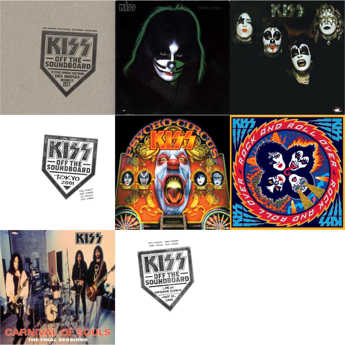 Kiss Off The Soundboard: Tokyo 2001 (3LP) & Kiss Off The Soundboard: Live In Virginia Beach (3LP) & Kiss Off The Soundboard: Live In Des Moines (2LP) & Kiss & Psycho Circus & Carnival Of Souls & Rock & Roll Over & Peter Criss
