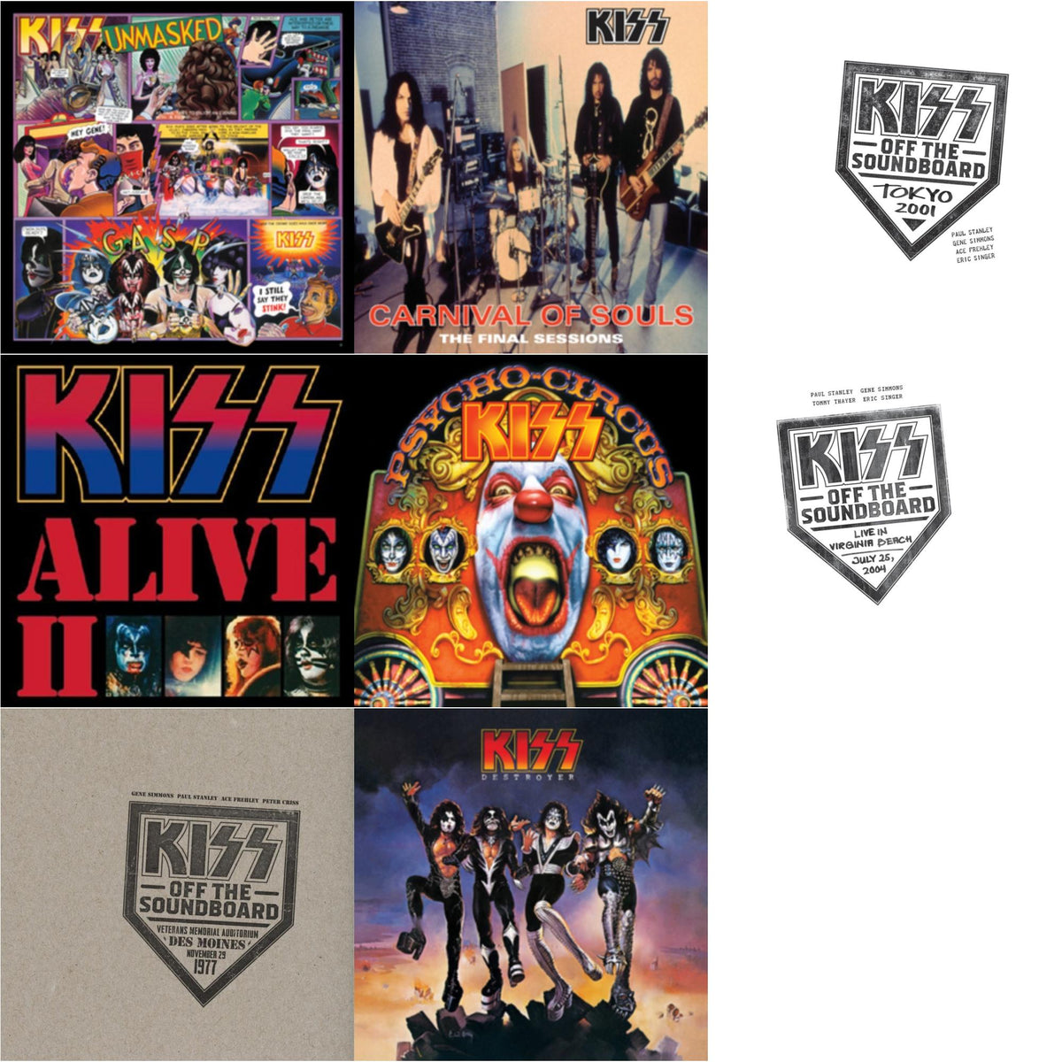 Kiss Off The Soundboard: Tokyo 2001 (3LP) & Kiss Off The Soundboard: Live In Virginia Beach (3LP) & Kiss Off The Soundboard: Live In Des Moines (2LP) & Destroyer & Psycho Circus & Unmasked & Carnival Of Souls & Alive Ii