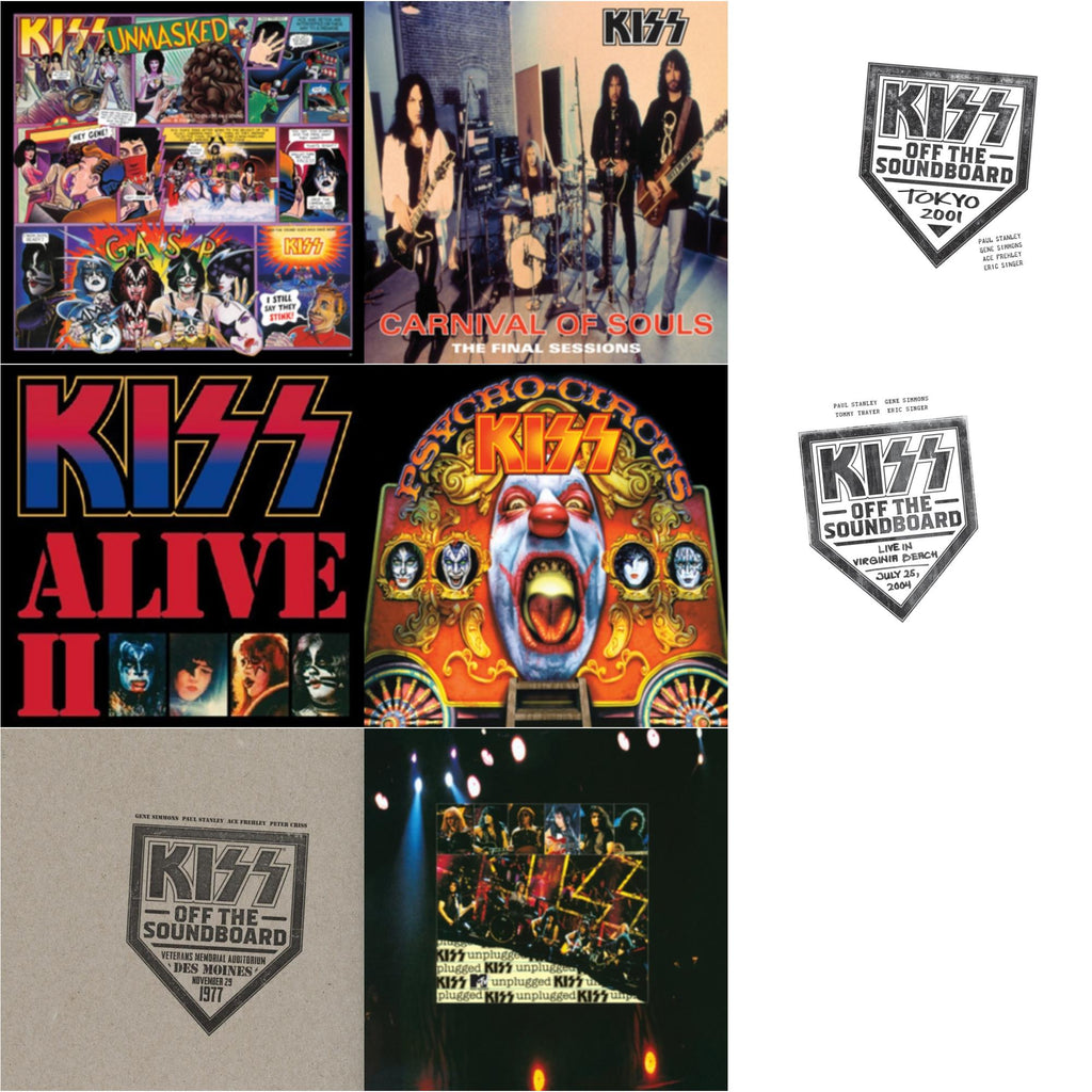 Kiss Off The Soundboard: Tokyo 2001 (3LP) & Kiss Off The Soundboard: Live In Virginia Beach (3LP) & Kiss Off The Soundboard: Live In Des Moines (2LP) & Psycho Circus & Unmasked & Carnival Of Souls & Mtv Unplugged & Alive Ii