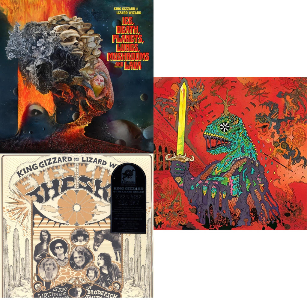 King Gizzard & The Lizard Wizard - Ice, Death, Planets, Lungs, Mushrooms & Lava (2LP/Recycled Black Wax Vinyl) & Eyes Likes The Sky (Peach LP Vinyl) & 12 Bar Bruise (Sea Foam Green LP Vinyl)