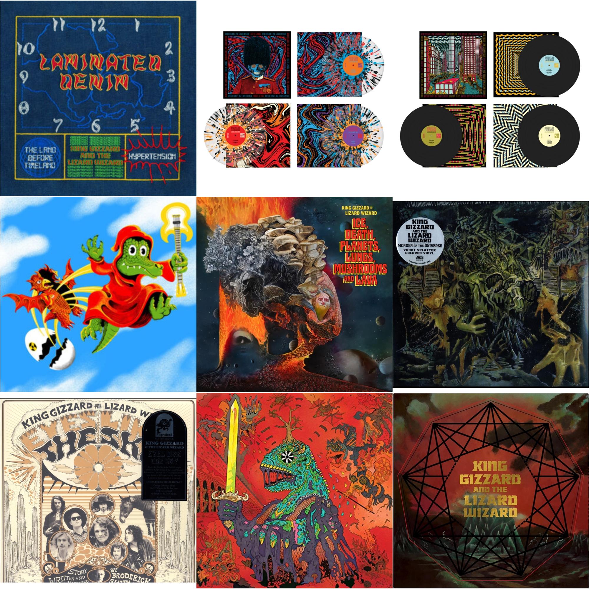 King Gizzard & The Lizard Wizard - Laminated Denim (Lucky Rainbow LP Vinyl) & Live In London '19 (Fuzz Club Official Bootleg) (Coloured LP Vinyl) & Live In Asheville '19 (Fuzz Club Official Bootleg) & Live In Melbourne '21 (Yellow Vinyl/2LP) (I) &