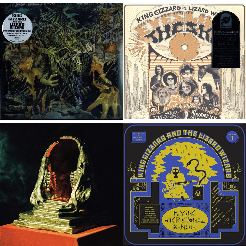 King Gizzard & The Lizard Wizard - Murder Of The Universe (Transparent Green W/Mustard Yelow Splatter LP Vinyl) & Eyes Likes The Sky (Peach LP Vinyl) & Infest The Rats' Nest (Red/Black LP Vinyl) & Flying Microtonal Banana (Randomly Colored Recycled