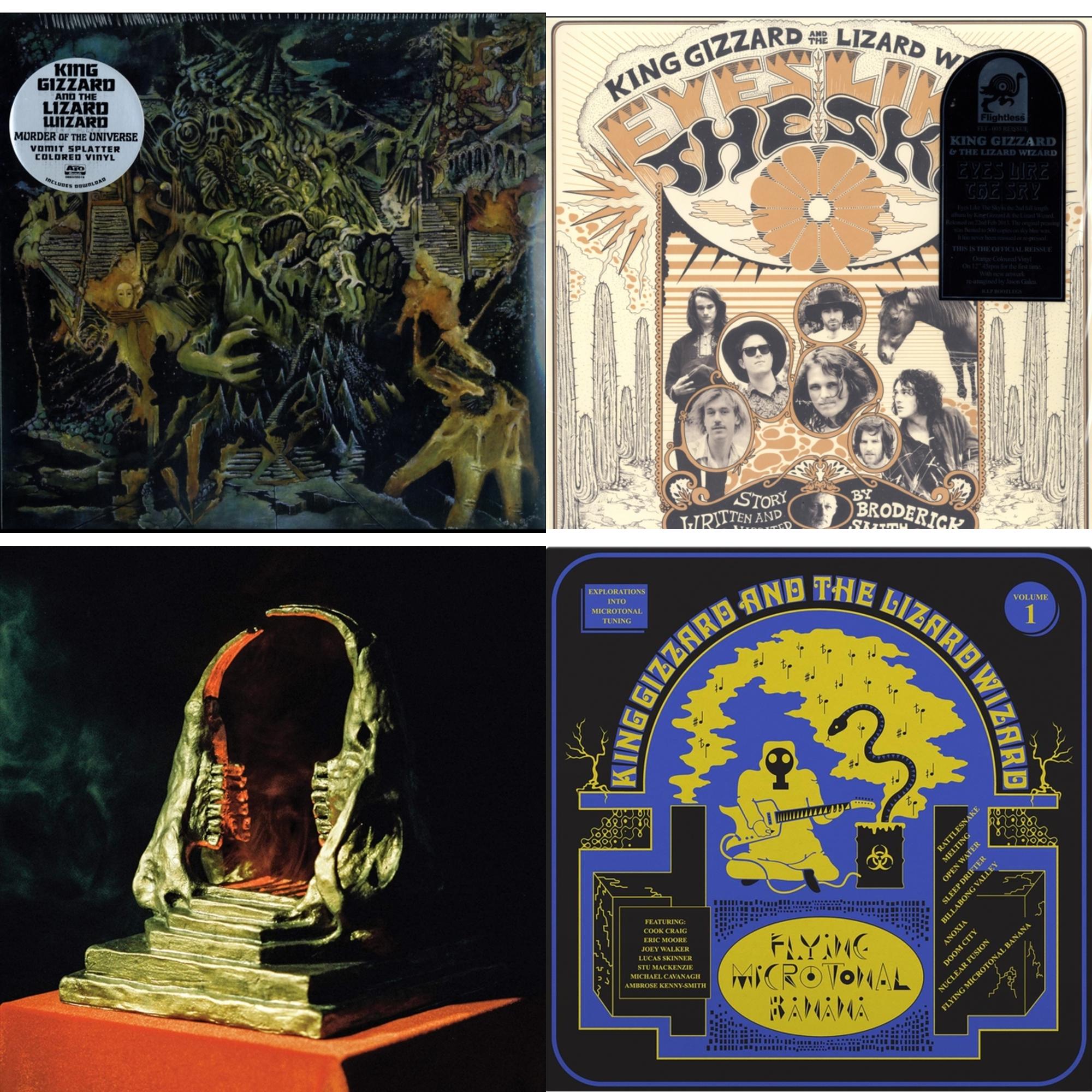 King Gizzard & The Lizard Wizard - Murder Of The Universe (Transparent Green W/Mustard Yelow Splatter LP Vinyl) & Eyes Likes The Sky (Peach LP Vinyl) & Infest The Rats' Nest (Red/Black LP Vinyl) & Flying Microtonal Banana (Randomly Colored Recycled